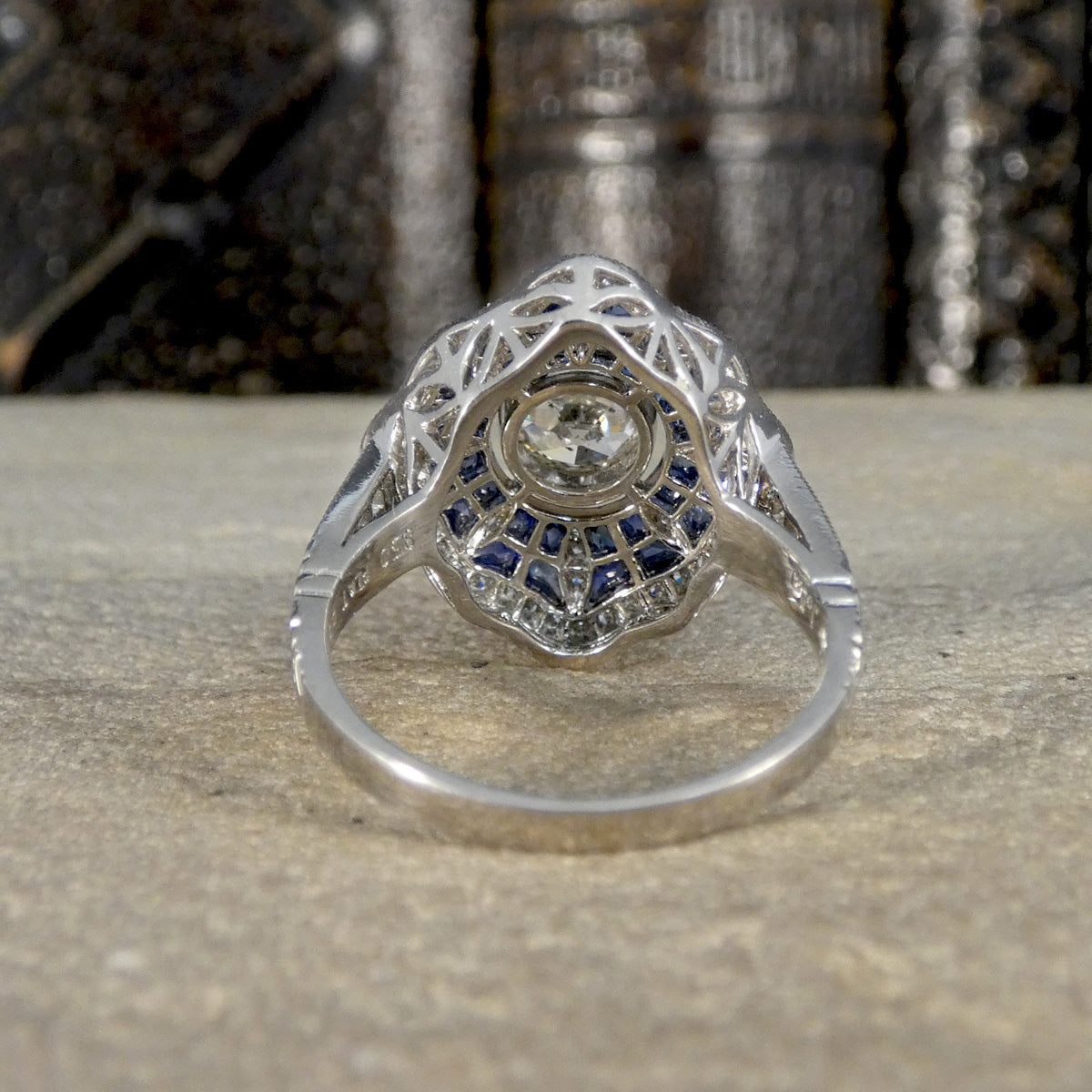 Back view of cluster ring showing open and simply detailed gallery.