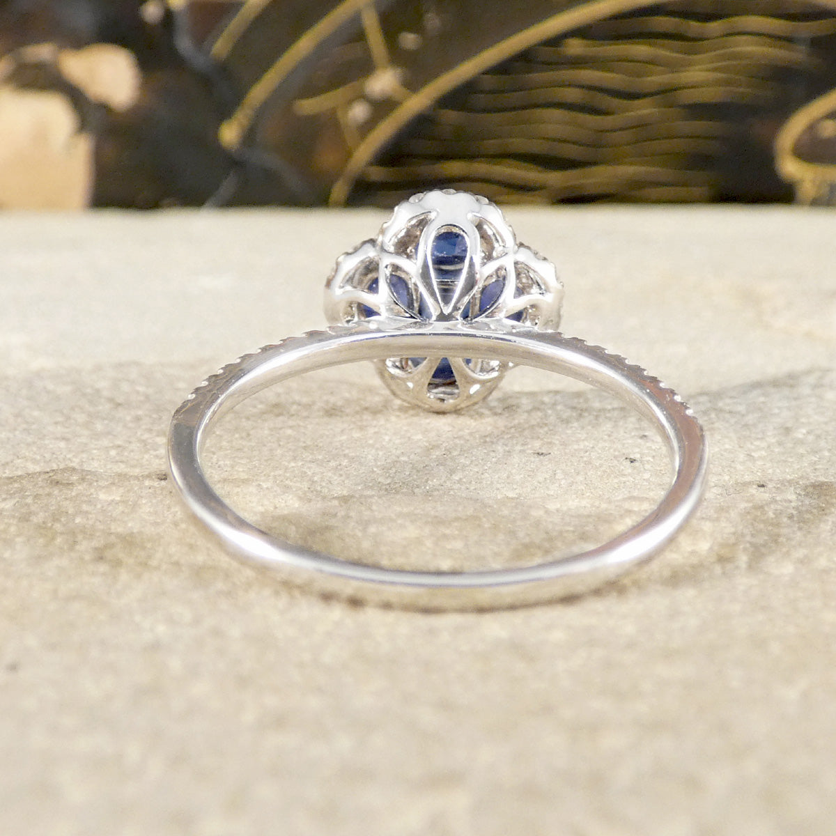 Sapphire and Diamond Shamrock Ring in 18ct White Gold shown from the back.