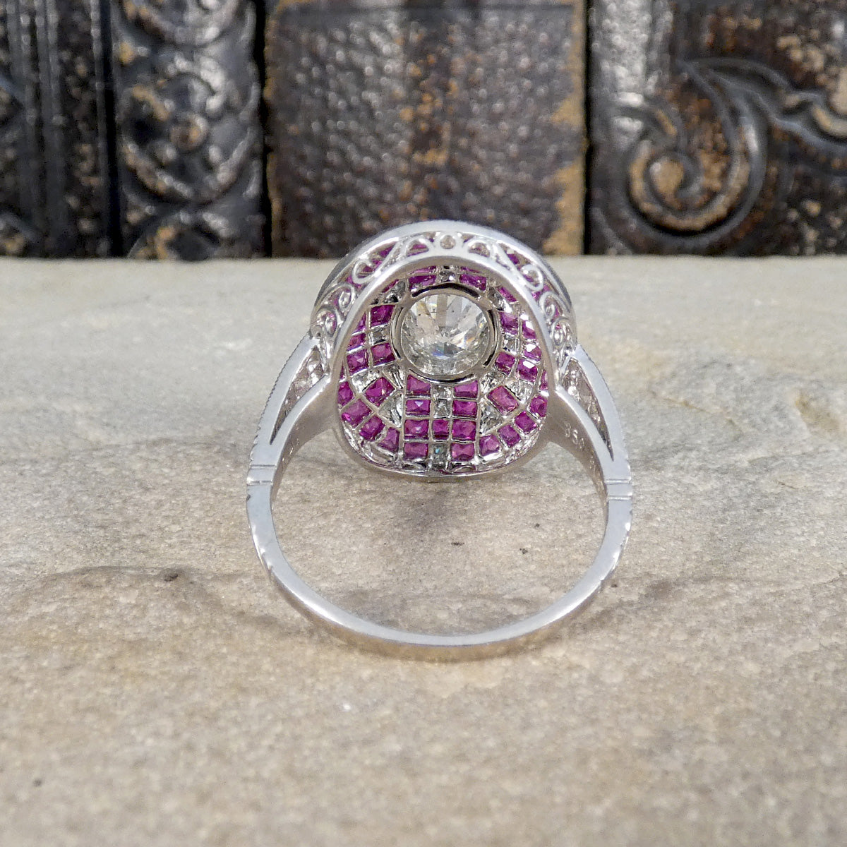 Back view of gorgeous and unique ring diamond cluster ring showing full gallery details.