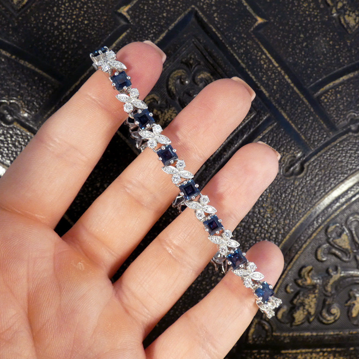 Vintage Square Cut Sapphire and Diamond Line Bracelet in 18ct White Gold C1990 - Wharfedale Antiques