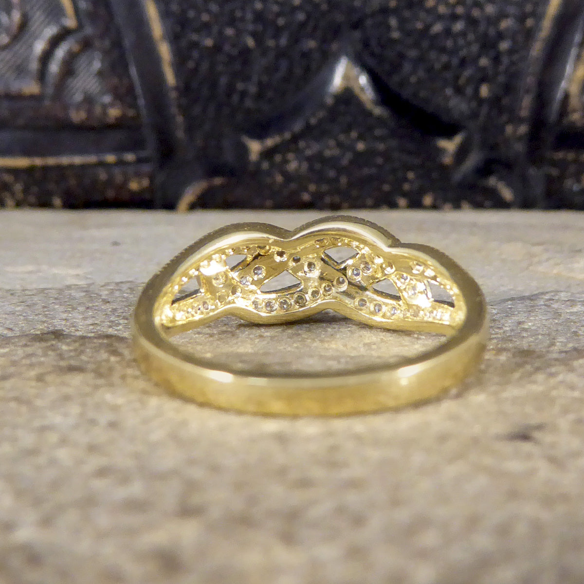 Diamond Set Milgrain Plait Half Eternity Ring in Yellow Gold - Wharfedale Antiques