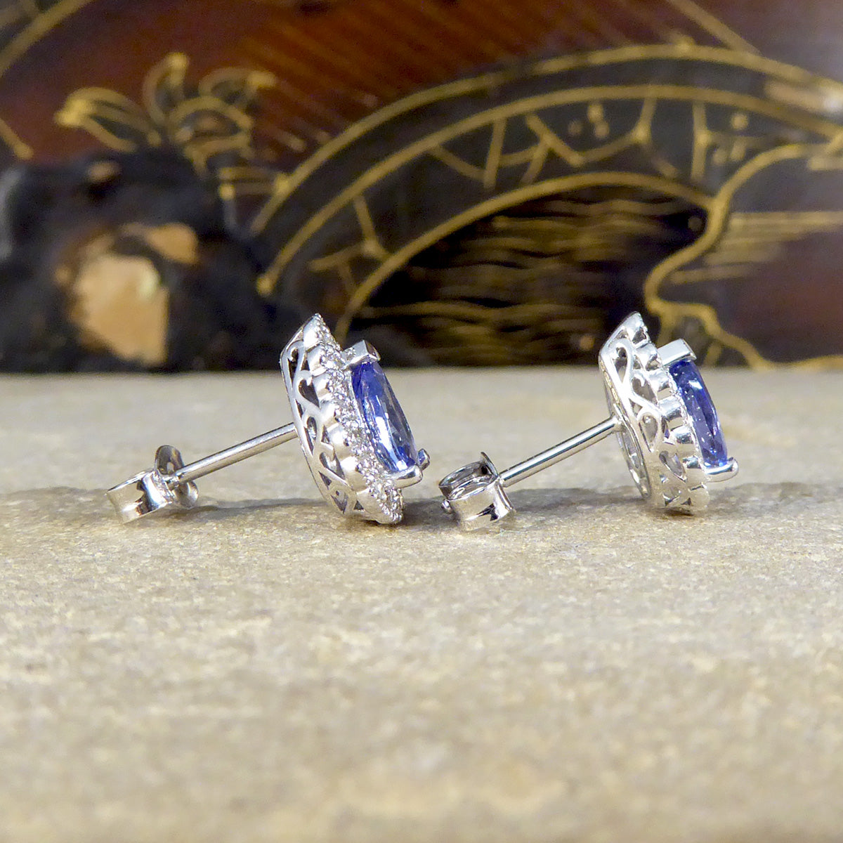 Pear Cut Tanzanite and Diamond Cluster Earrings in White Gold - Wharfedale Antiques