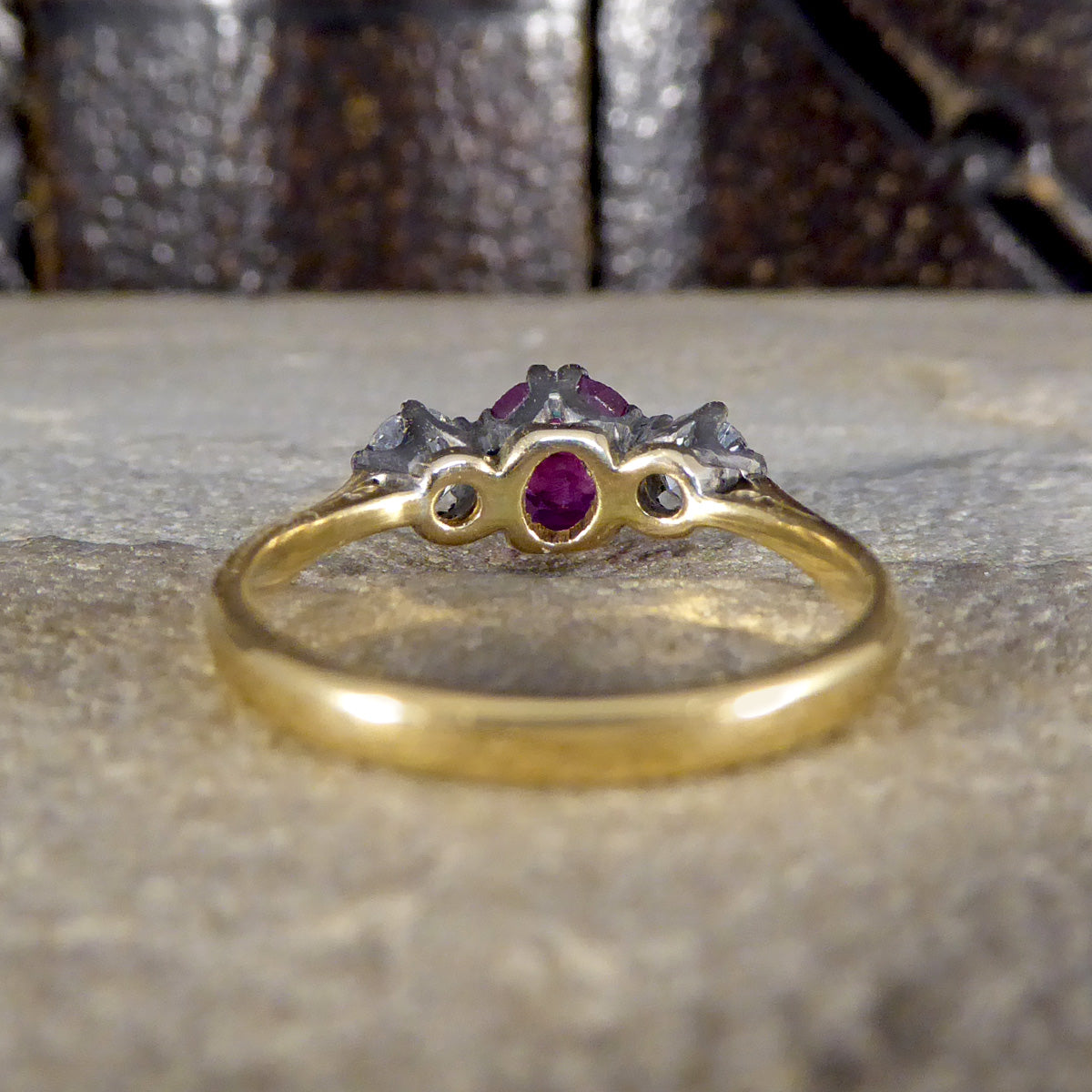 Early 20th Century Ruby and Diamond Three Stone Ring in 18ct Yellow Gold and Platinum - Wharfedale Antiques