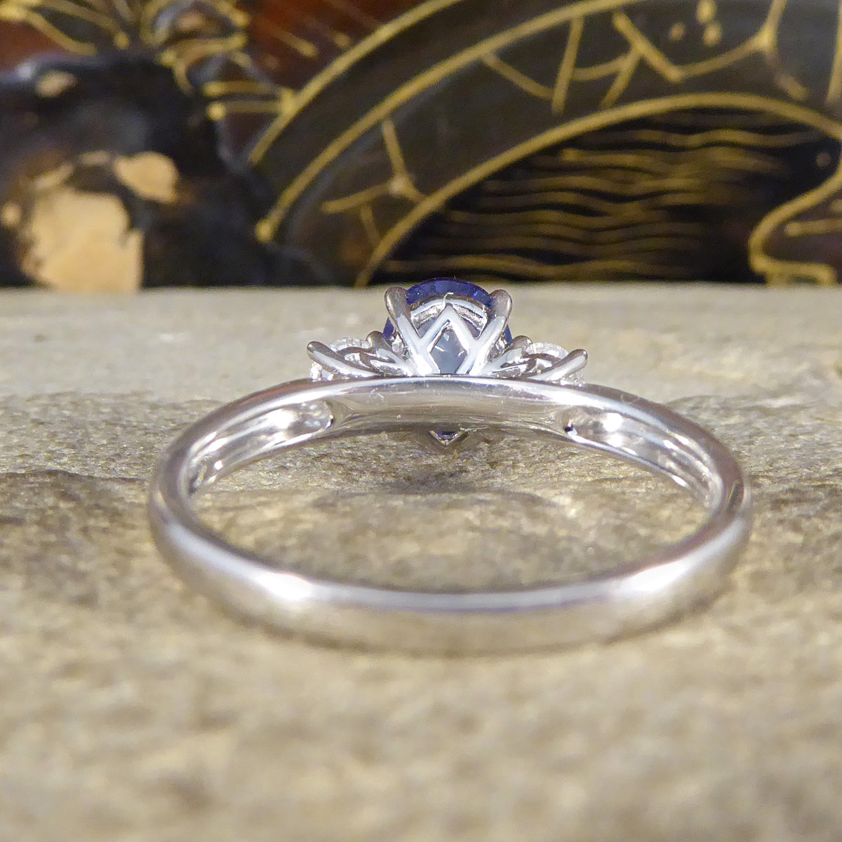 Tanzanite and Diamond Three Stone Ring in 18ct White Gold - Wharfedale Antiques