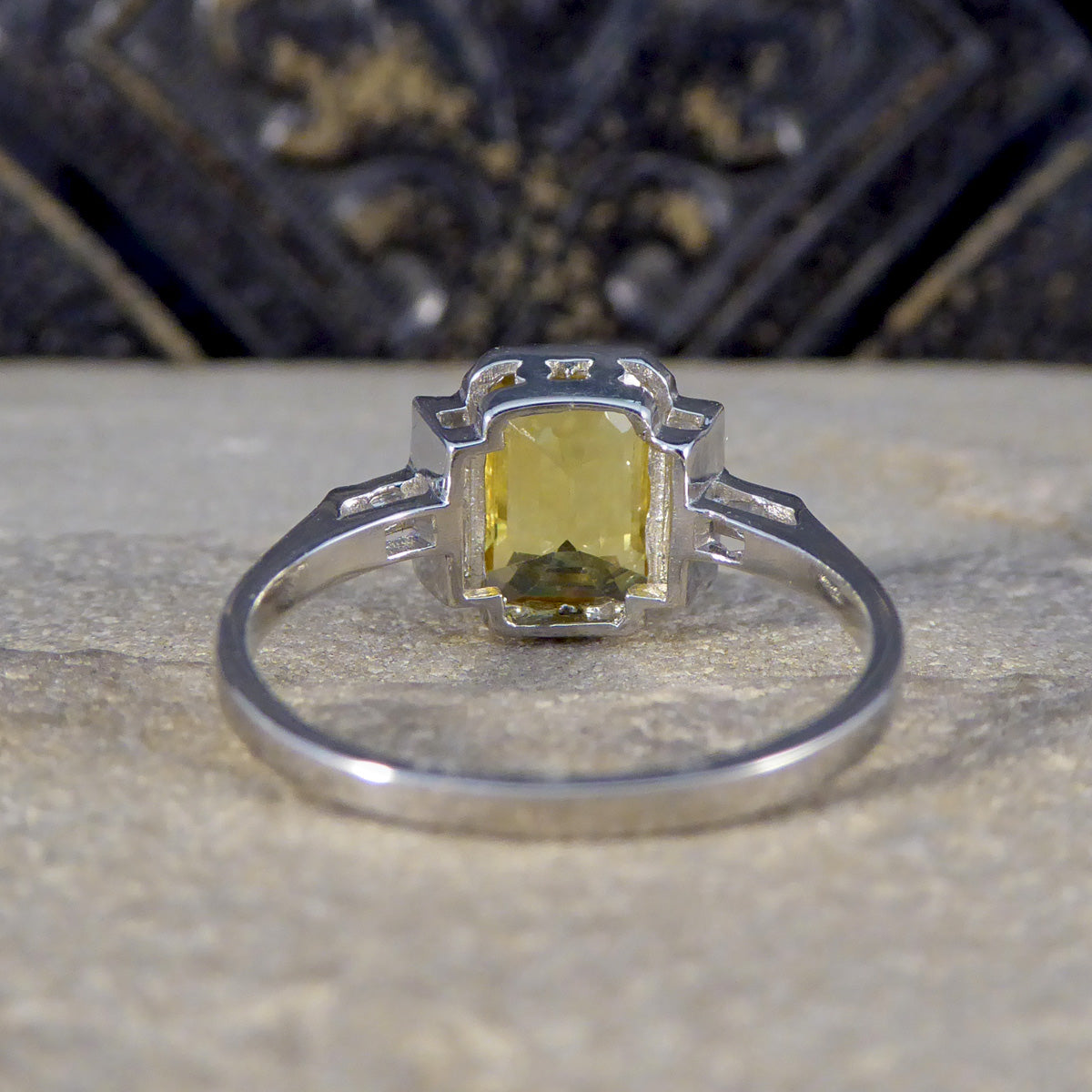 Art Deco Style Yellow Sapphire and Baguette Cut Diamond Ring in Platinum - Wharfedale Antiques