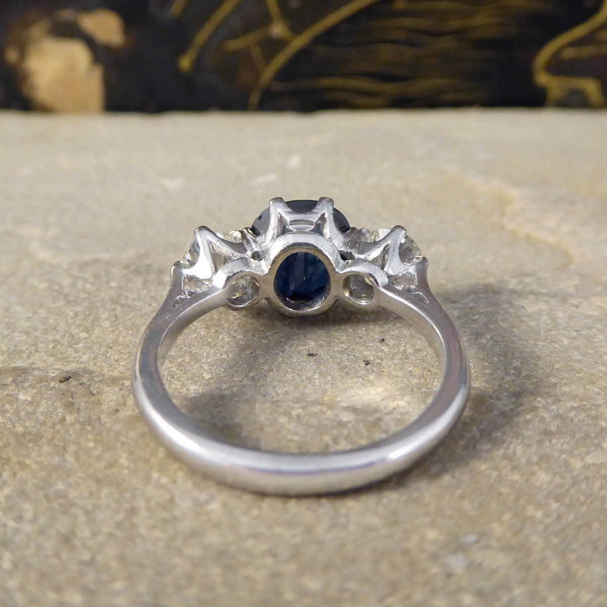 C1920s Deep Sapphire and Diamond Trilogy Ring in 18ct White Gold and Platinum - Wharfedale Antiques