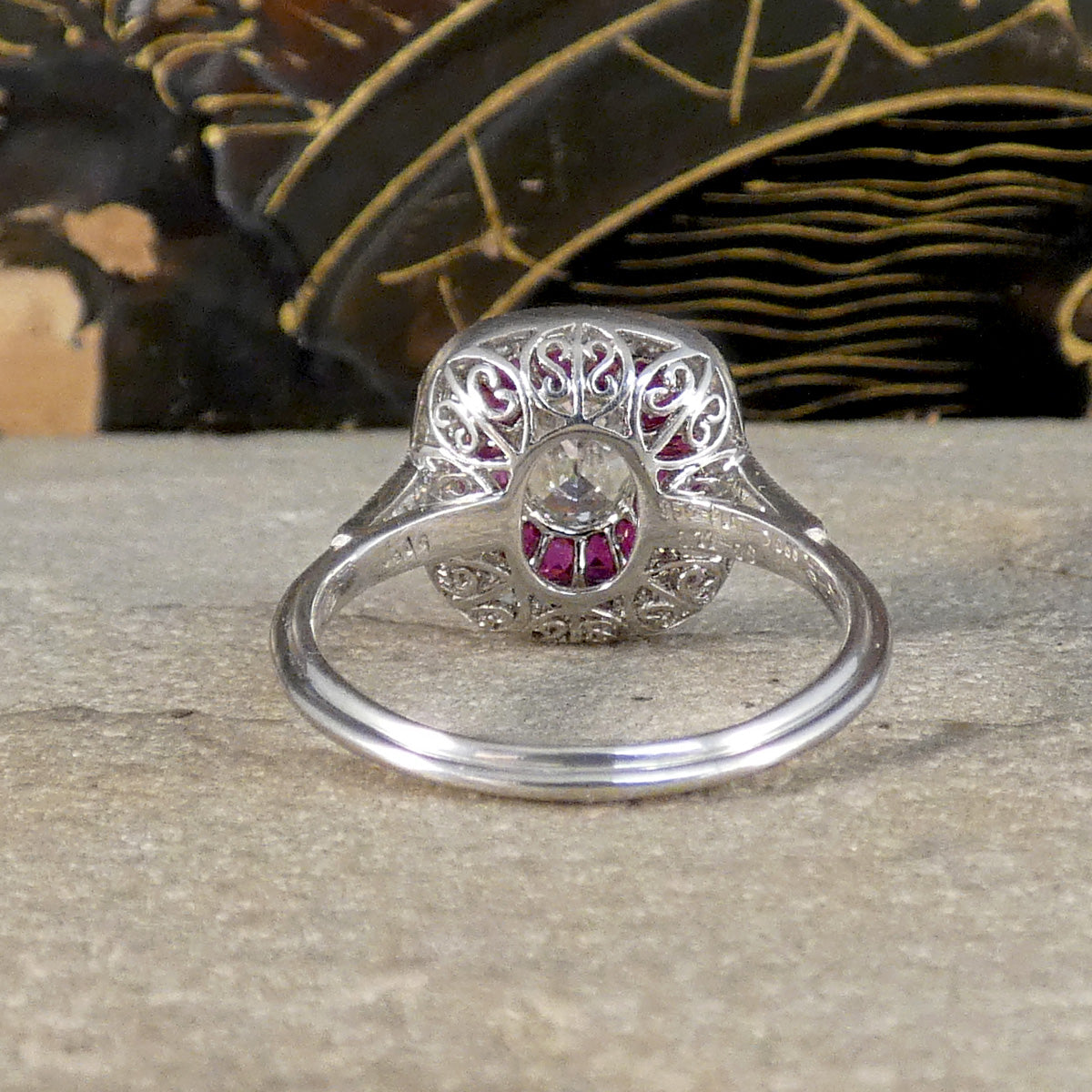 Back view of Art Deco style cluster ring showing amazingly detailed gallery setting.