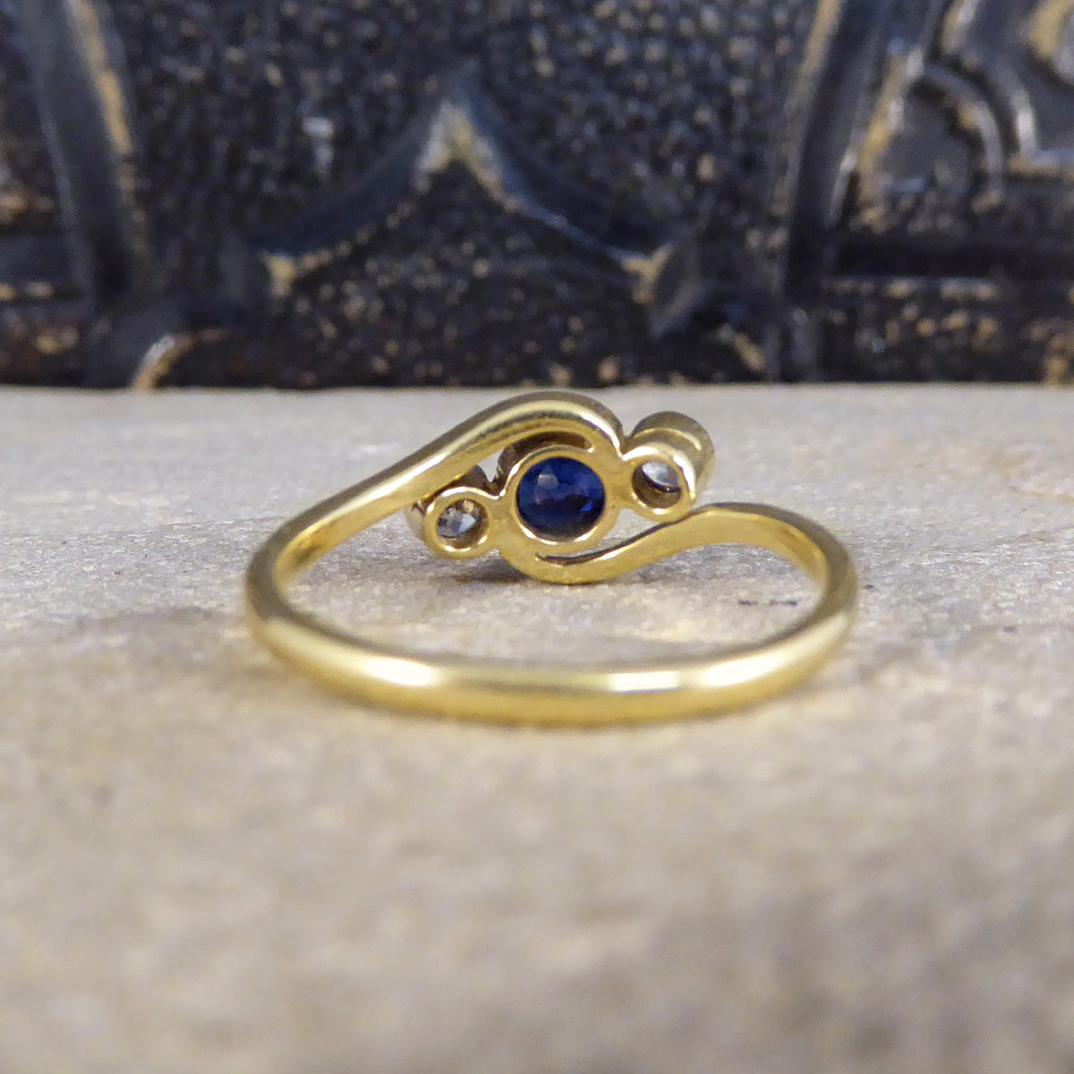 Edwardian Sapphire & Diamond Three Stone Crossover Ring in 18ct Gold and Platinum - Wharfedale Antiques