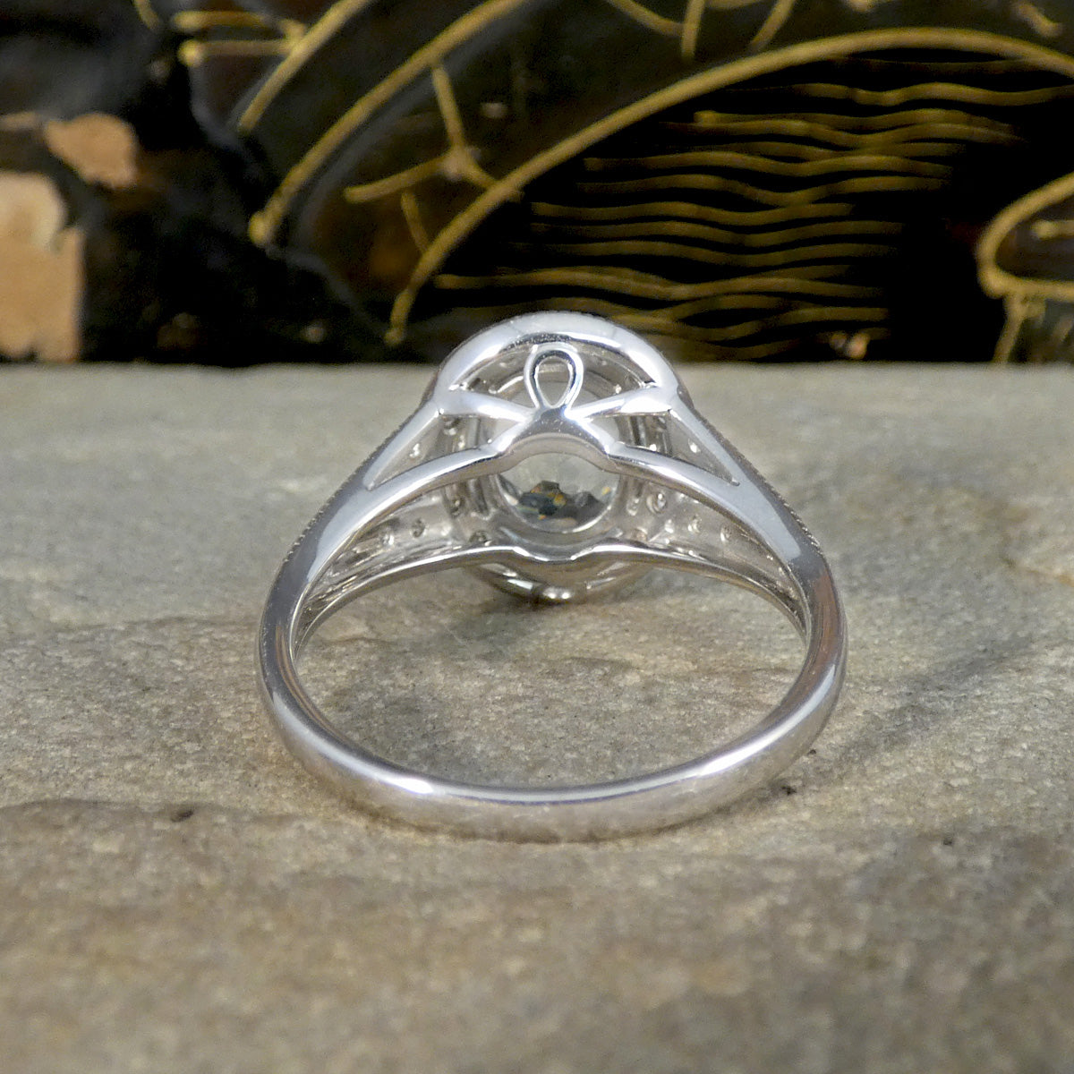 Aquamarine and Diamond Cluster Ring with Diamond Split Shoulder in White Gold - Wharfedale Antiques