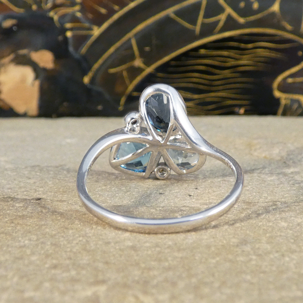 Trio of Blue Topaz and Diamond Cocktail Ring in White Gold - Wharfedale Antiques
