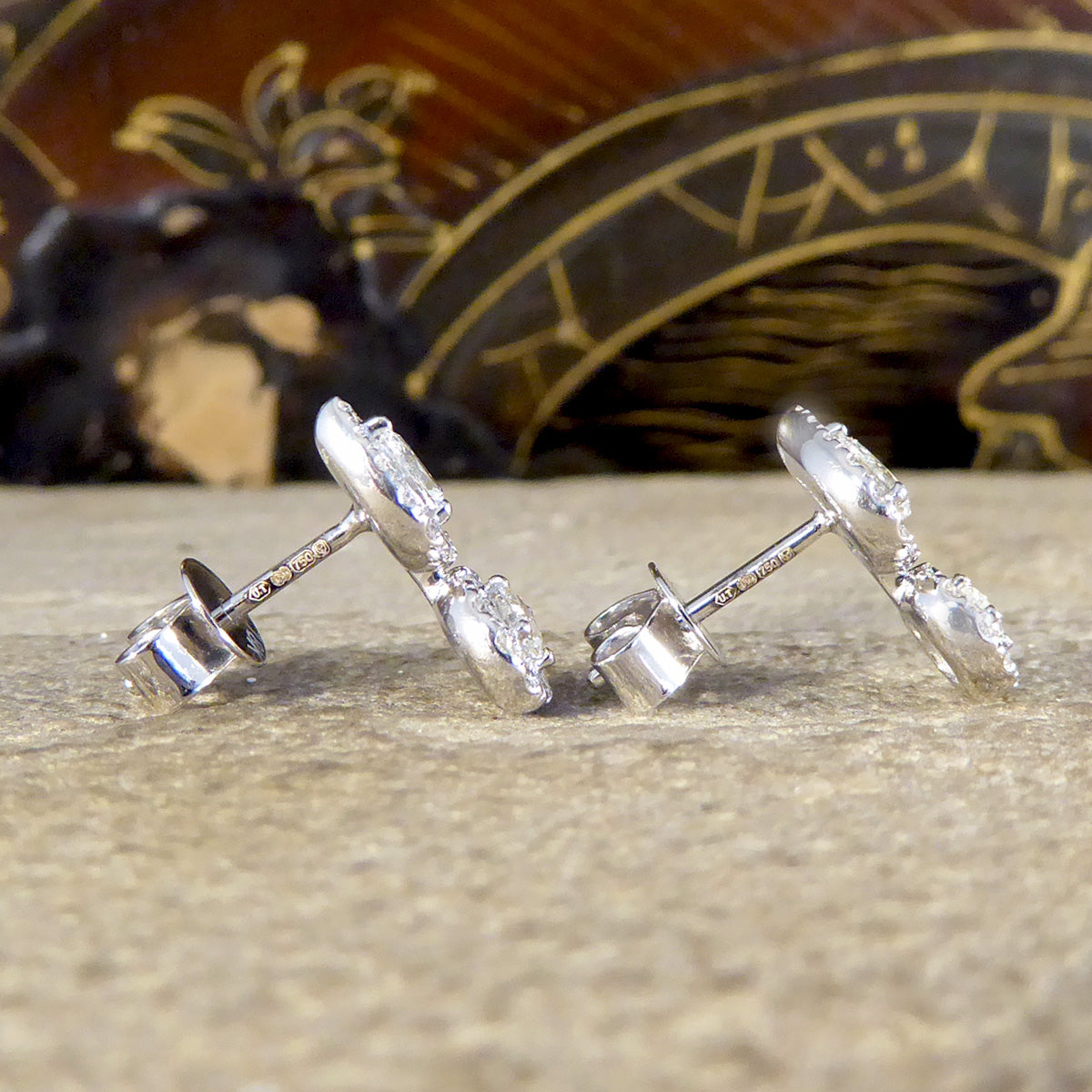 Diamond Pear and Oval Double Cluster Stud Earrings in 18ct White Gold - Wharfedale Antiques