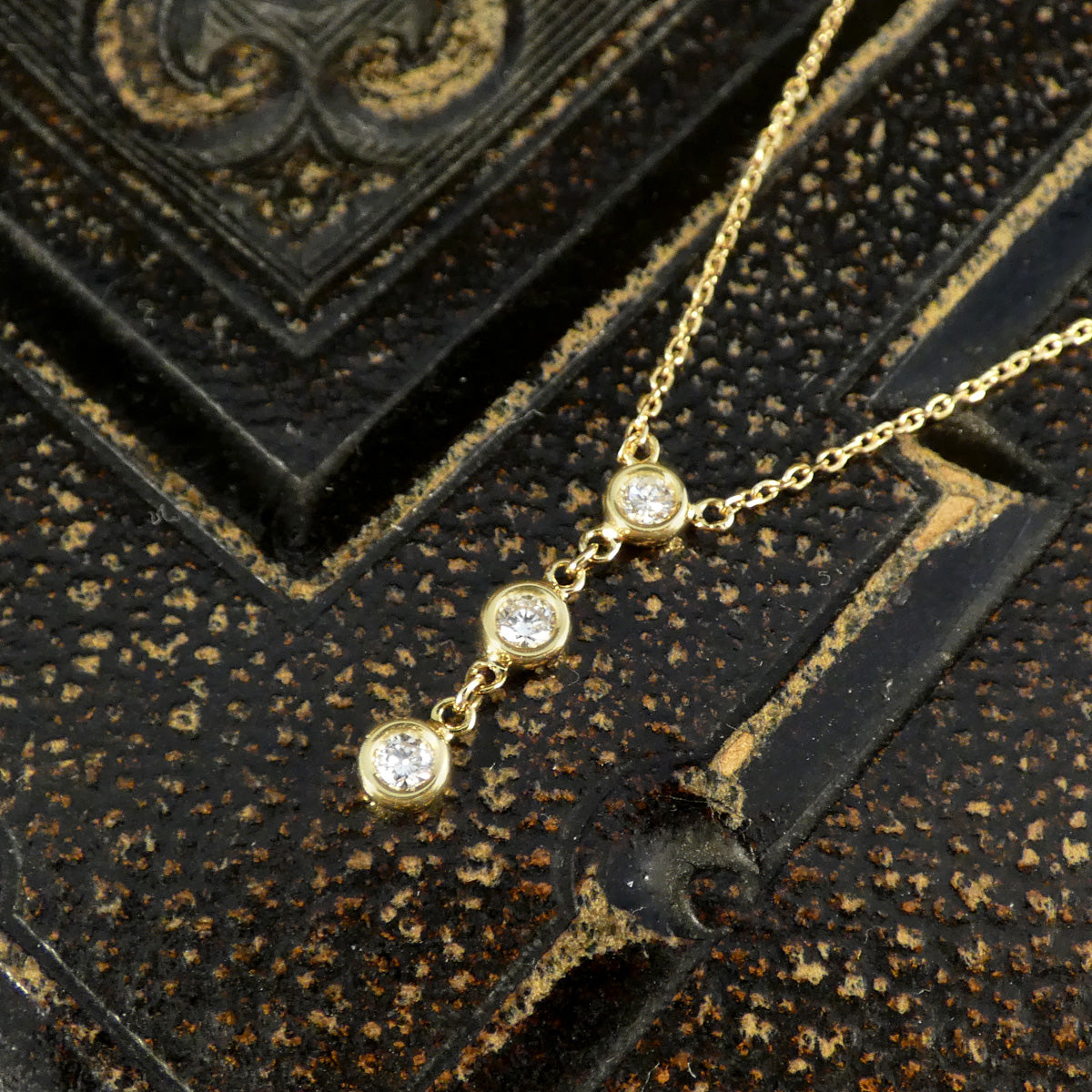 Dainty and Stackable Diamond Three Stone Drop Necklace in Yellow Gold - Wharfedale Antiques