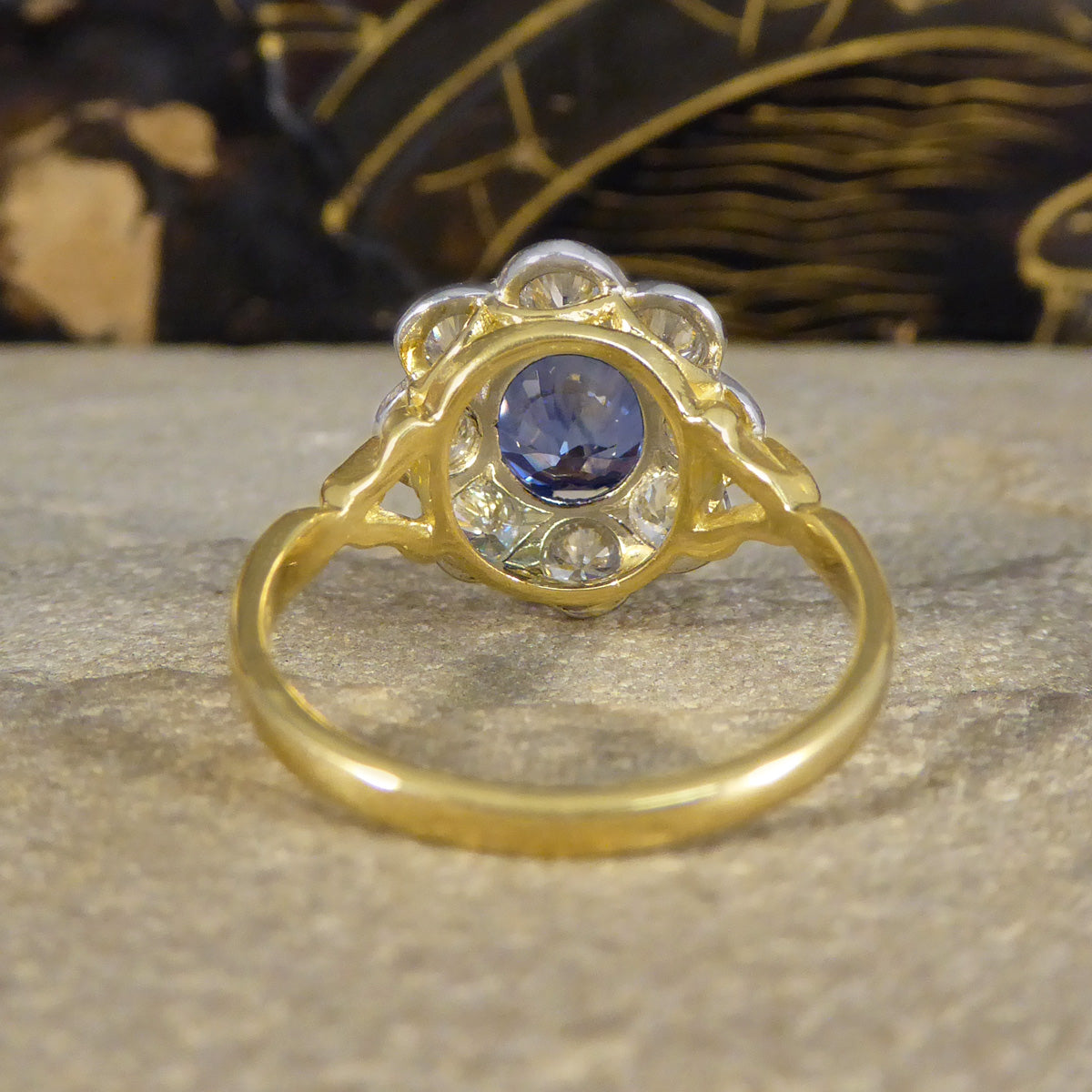 Edwardian Inspired 2.24ct Sapphire and Diamond Cluster Ring in 18ct Gold - Wharfedale Antiques