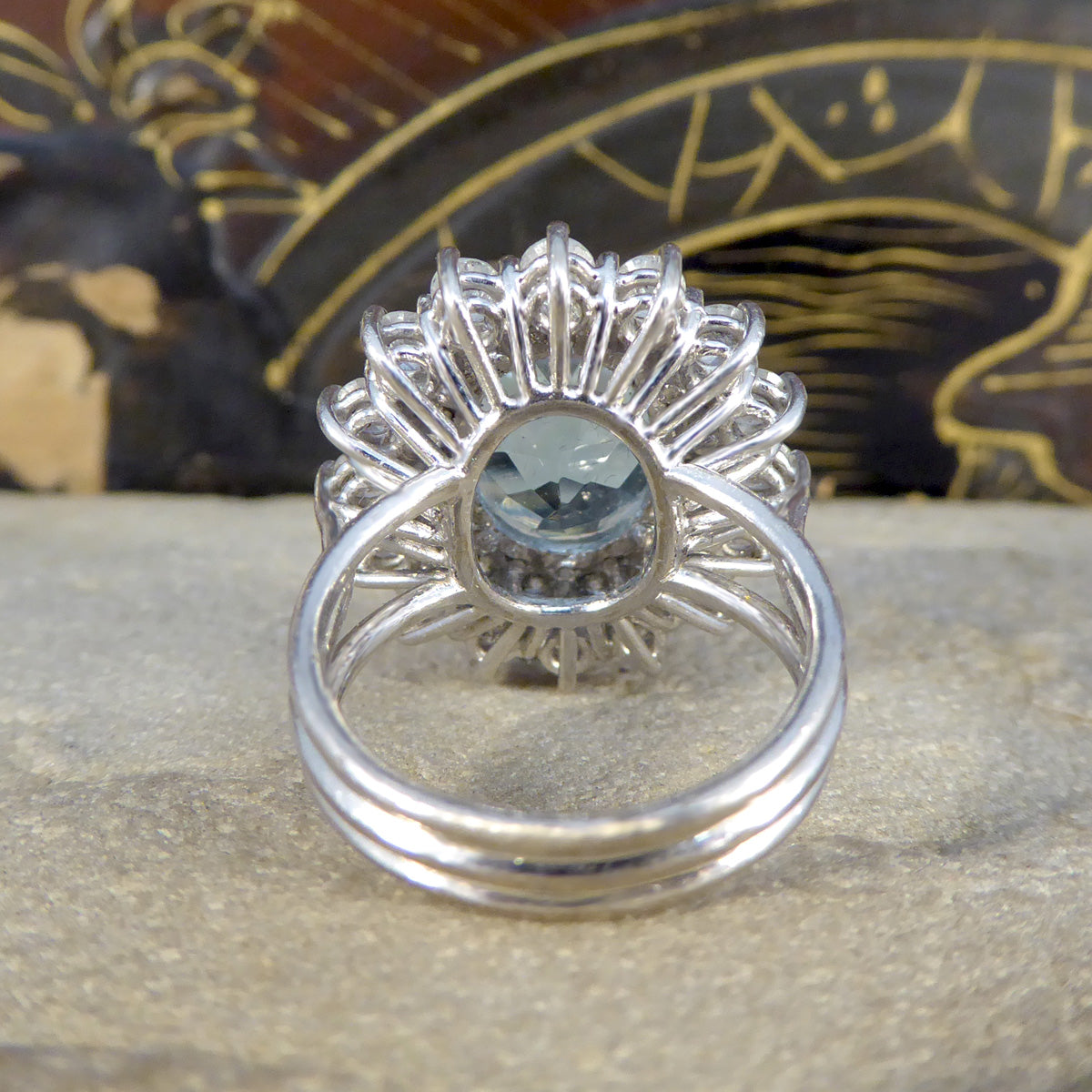 4.30ct Aquamarine and Diamond Double Cluster Ring in 18ct White Gold - Wharfedale Antiques