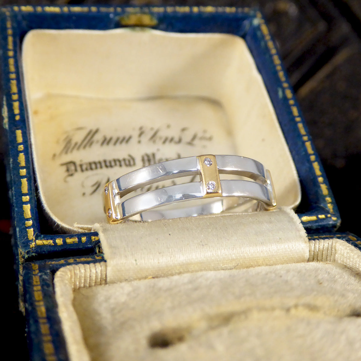 Brown and Newirth Two Tone Diamond Set Bar Band Ring in 18ct Gold - Wharfedale Antiques