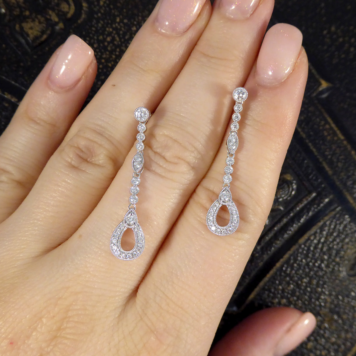 Diamond Set Pear Detailed Drop Earrings in White Gold - Wharfedale Antiques