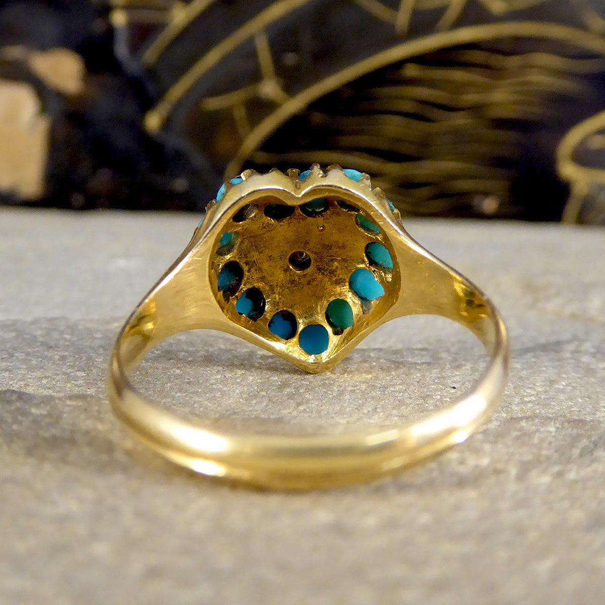 Victorian Heart Shaped Turquoise Seed Pearl and Diamond Cluster Ring in 18ct Yellow Gold - Wharfedale Antiques