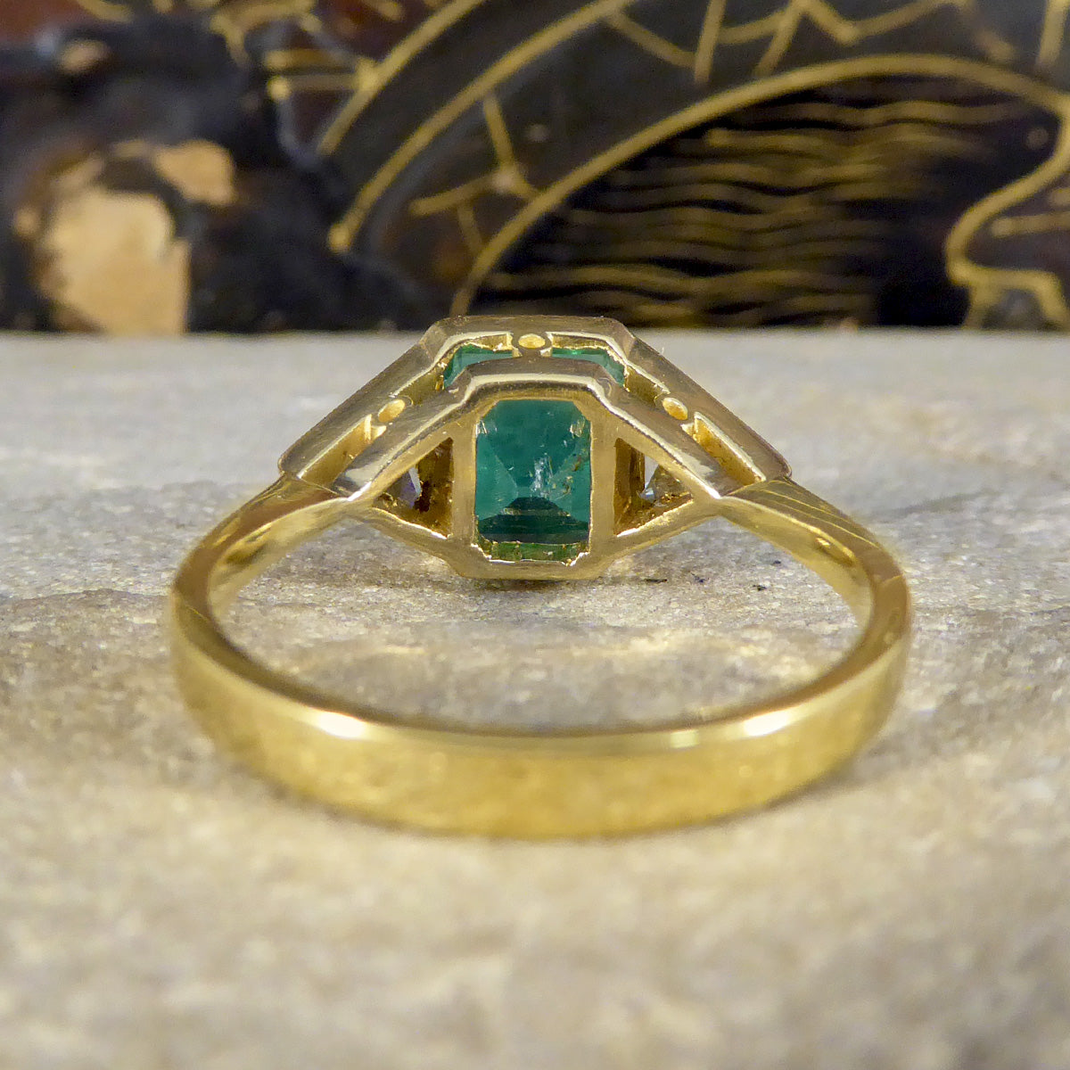 Vintage Emerald and Trillian Cut Diamond Three Stone in 18ct Yellow Gold - Wharfedale Antiques
