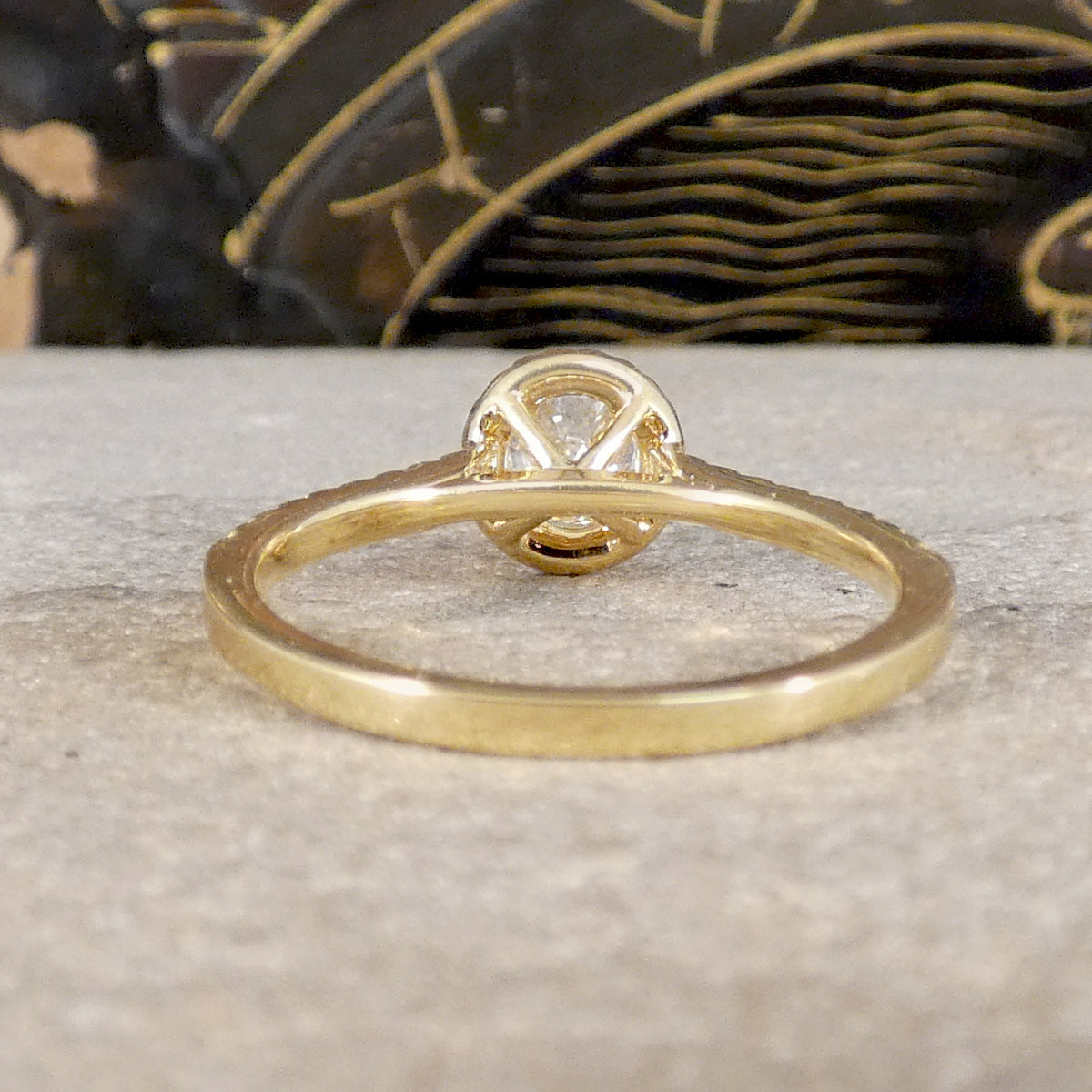 Back view of GIA Cert D Colour Diamond Halo Cluster Engagement Ring with Diamond Shoulders in 18ct Yellow Gold.