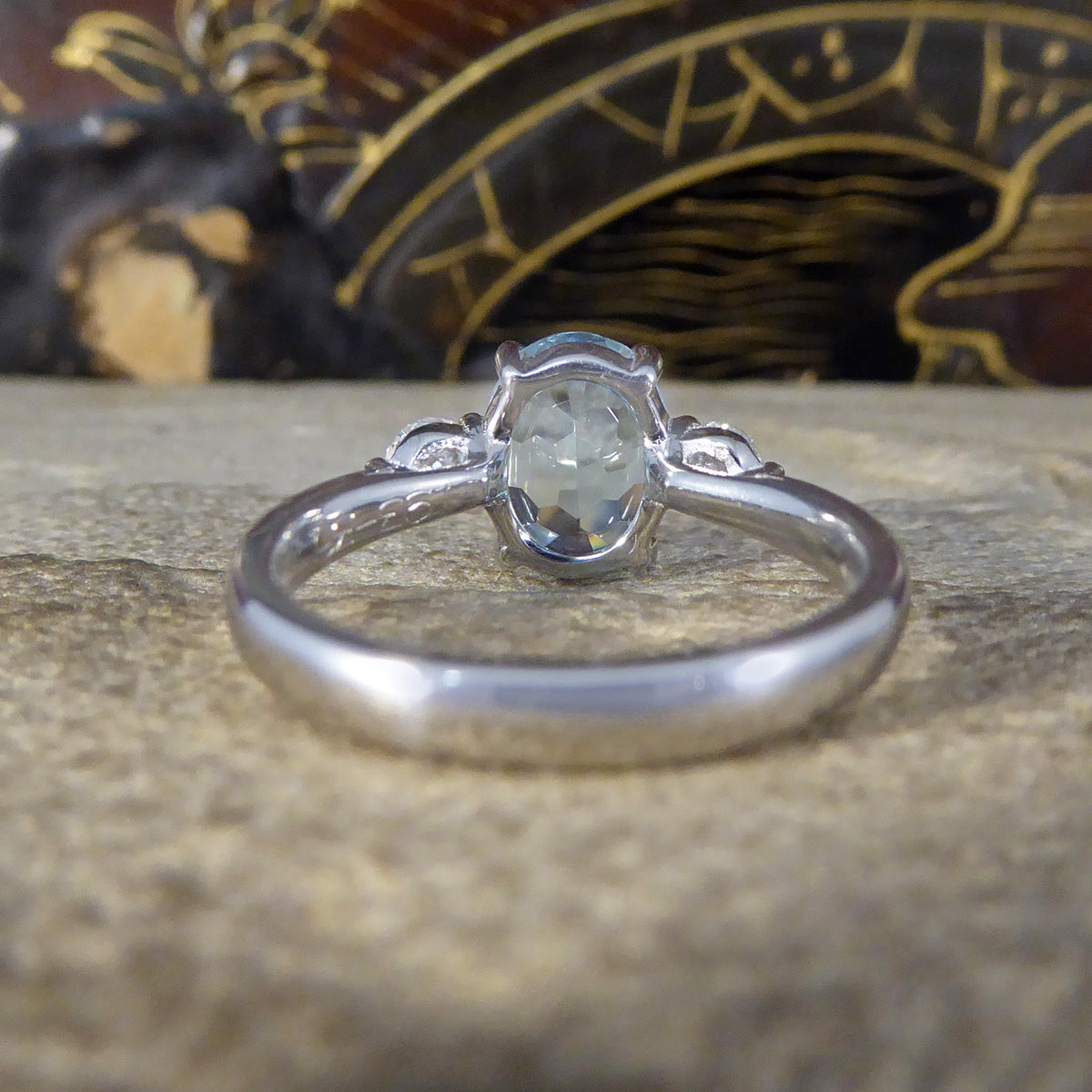 Classic 1.93ct Oval Cut Aquamarine and Diamond Three Stone Ring in Platinum - Wharfedale Antiques