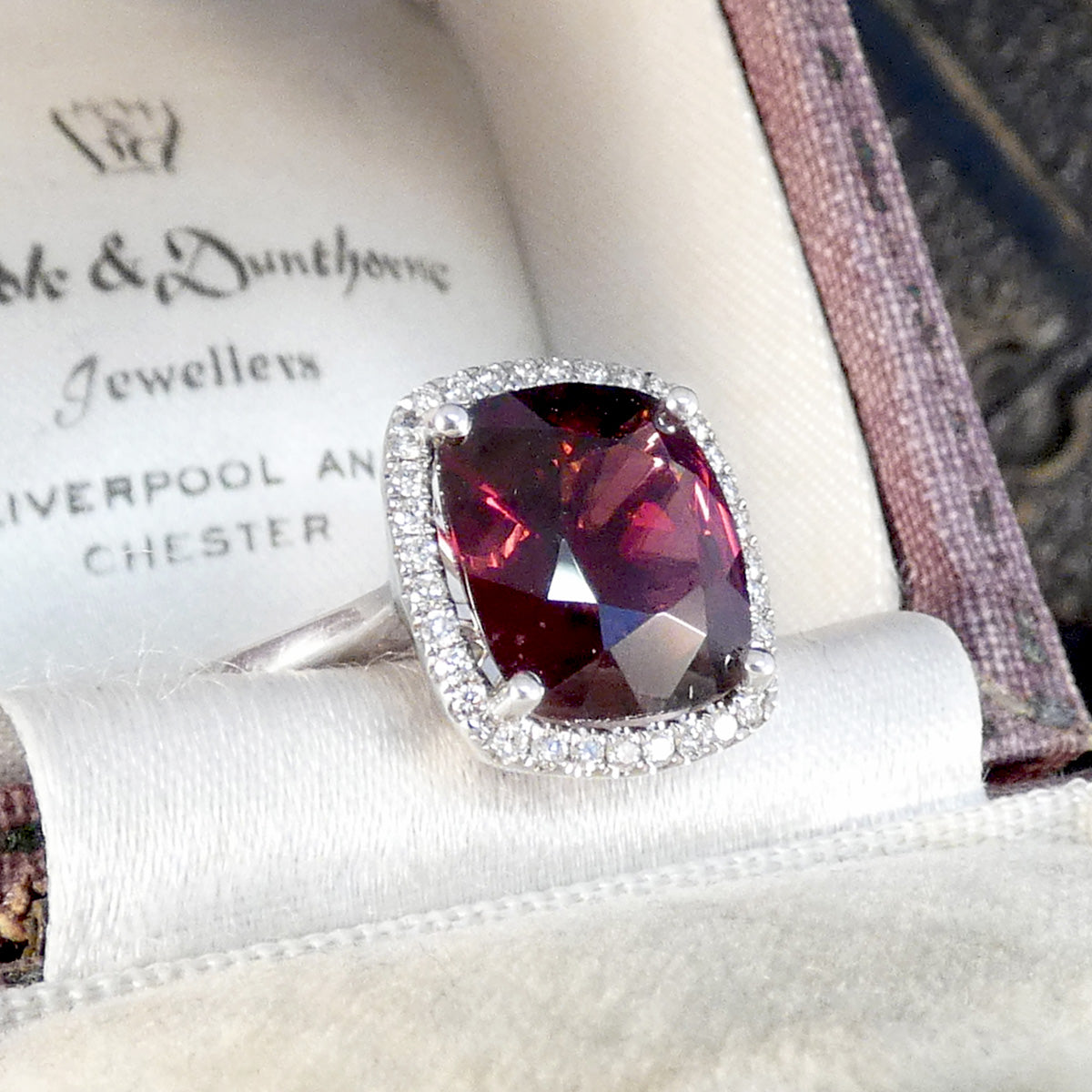 Rhodolite Garnet and Diamond Cluster Ring in 18ct White Gold, the perfect ruby red hue.