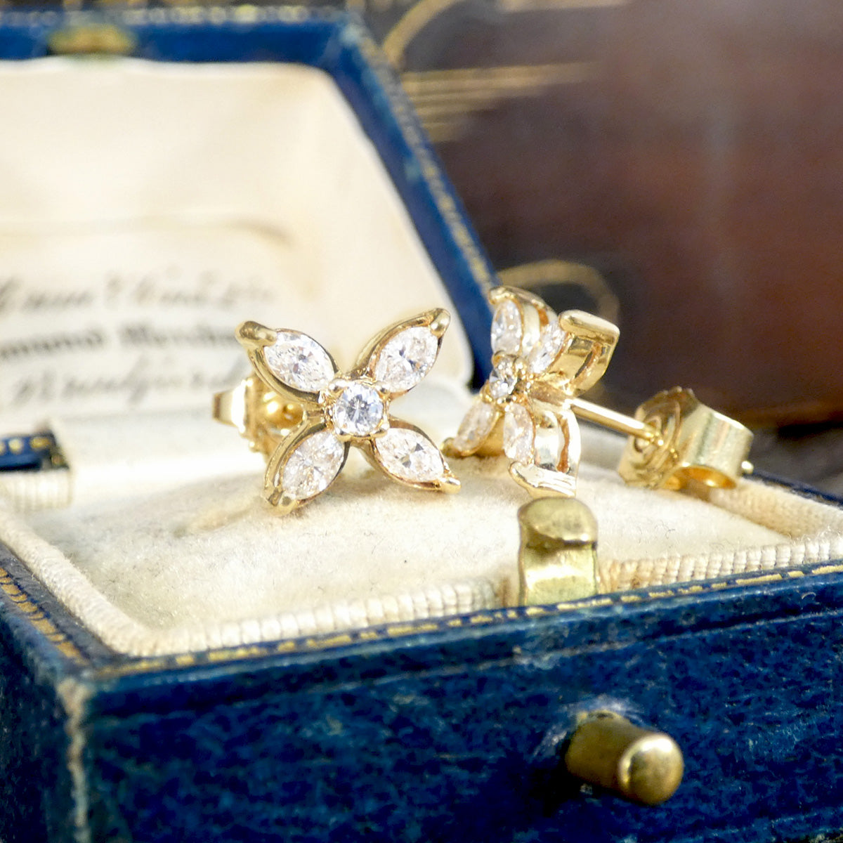 Marquise Diamond Set Cross Stud Earrings in 18ct Yellow Gold - Wharfedale Antiques