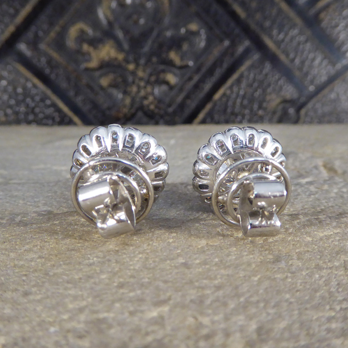 1940's Old Cushion Cut Daisy Cluster Stud Earrings in Platinum - Wharfedale Antiques