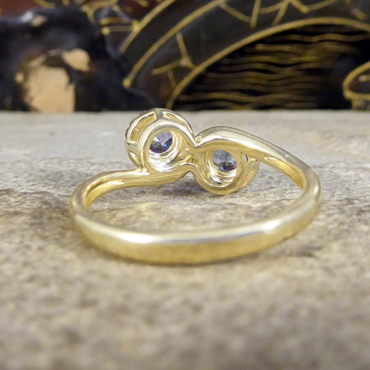 Edwardian Style Tanzanite and Diamond Cluster Toi Et Moi Twist Ring in Yellow and White Gold - Wharfedale Antiques