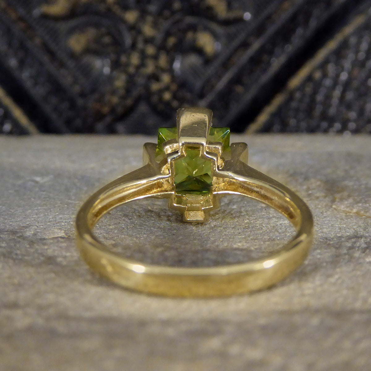 Vintage Peridot and Diamond Geometric Ring in Yellow Gold - Wharfedale Antiques