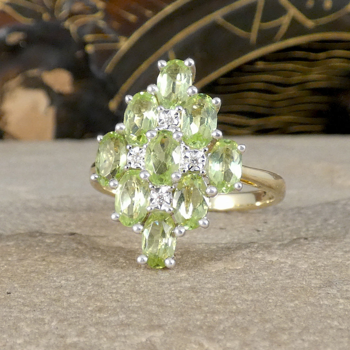 A bright and beautiful Peridot and Diamond Cluster Cocktail Dress Ring filly set in 9ct Yellow Gold