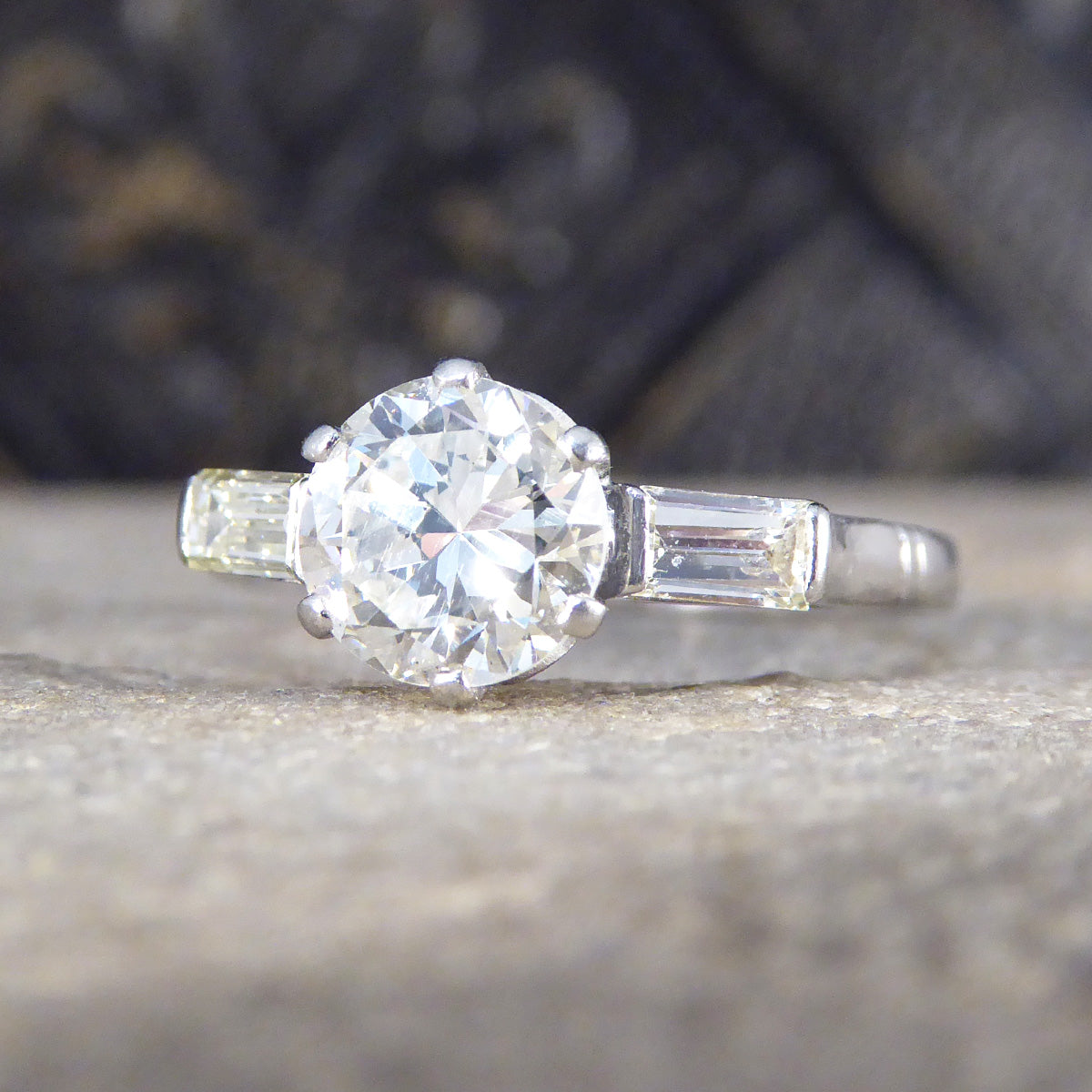 Art Deco 1.20ct Diamond Solitaire Engagement Ring with Baguette Cut Shoulders in Platinum - Wharfedale Antiques