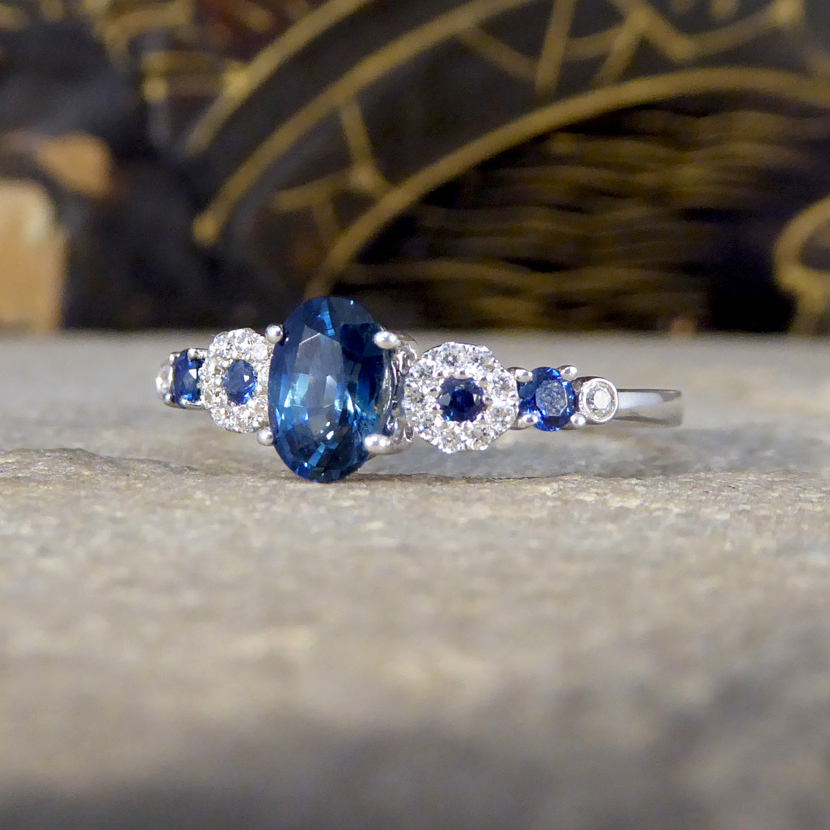 Unique Geometric Sapphire and Diamond Ring in 18ct White Gold - Wharfedale Antiques