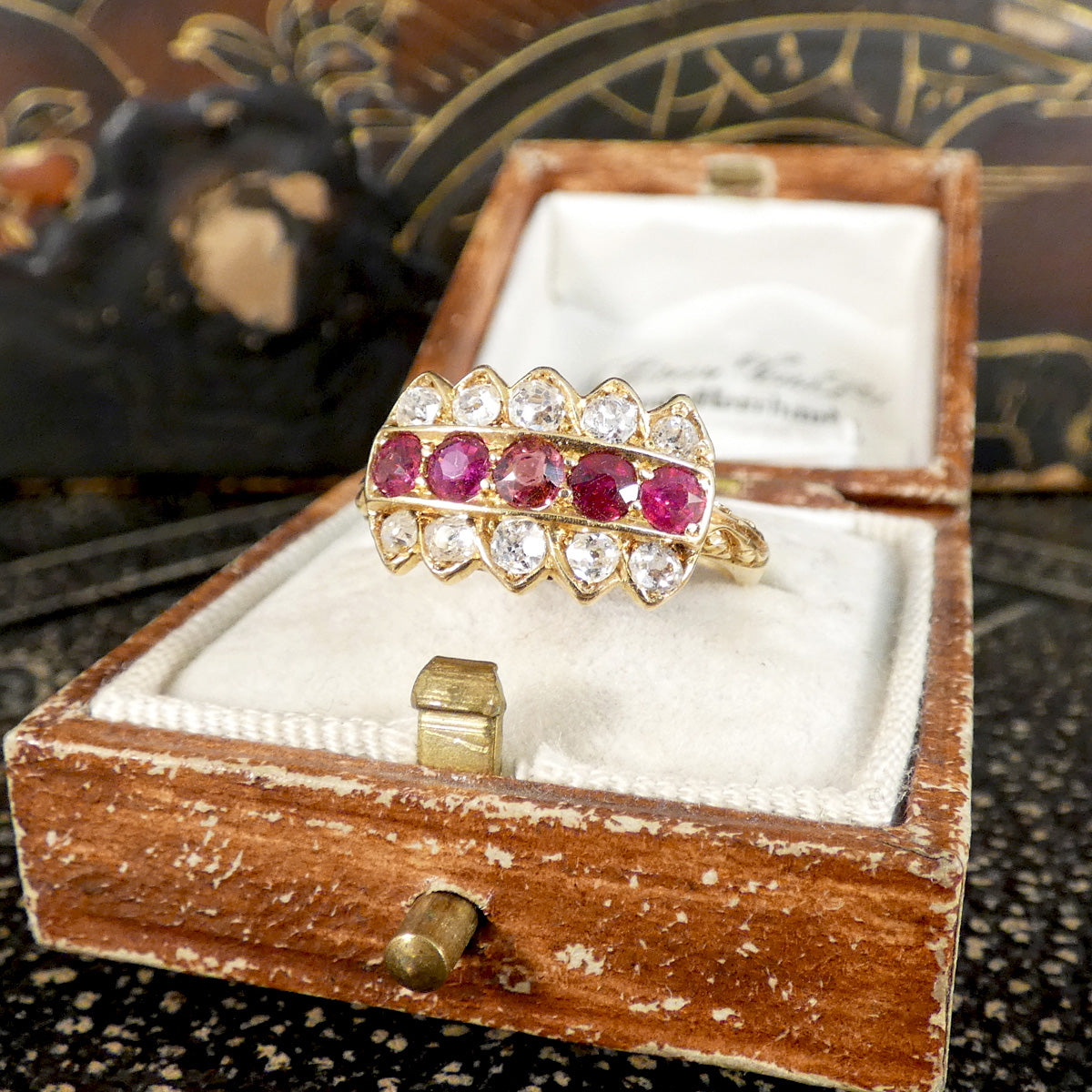 Late Victorian Ruby and Diamond Crown Ring in 18ct Yellow Gold displayed in vintage box.