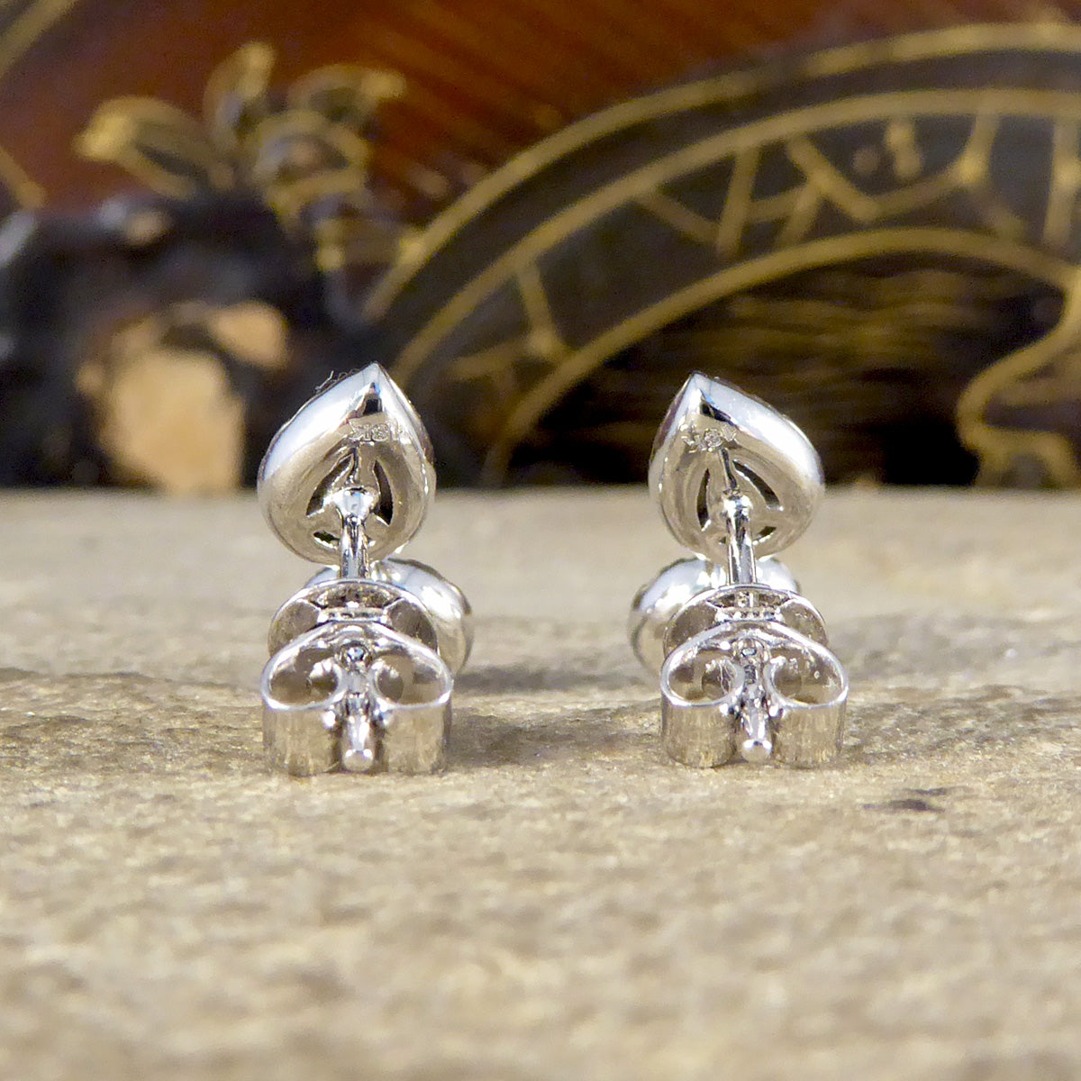 Diamond Pear and Oval Double Cluster Stud Earrings in 18ct White Gold - Wharfedale Antiques