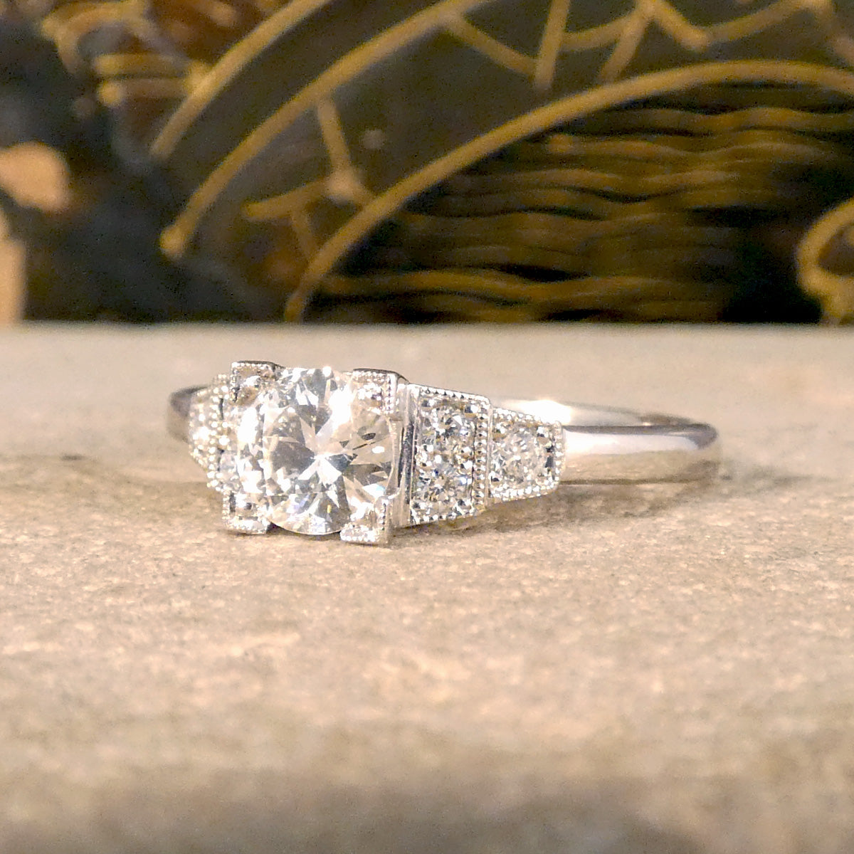 Art Deco Inspired Diamond Ring with Diamond Staged Shoulders in Platinum - Wharfedale Antiques