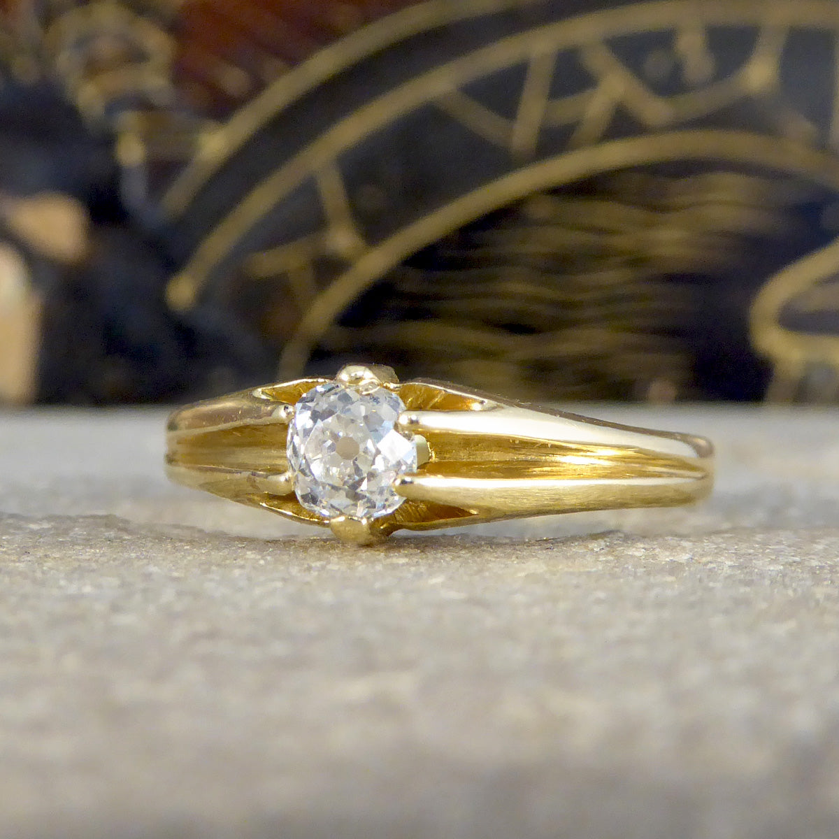 Late Victorian Old Cushion Cut Diamond Belcher set Ring in 18ct Yellow Gold