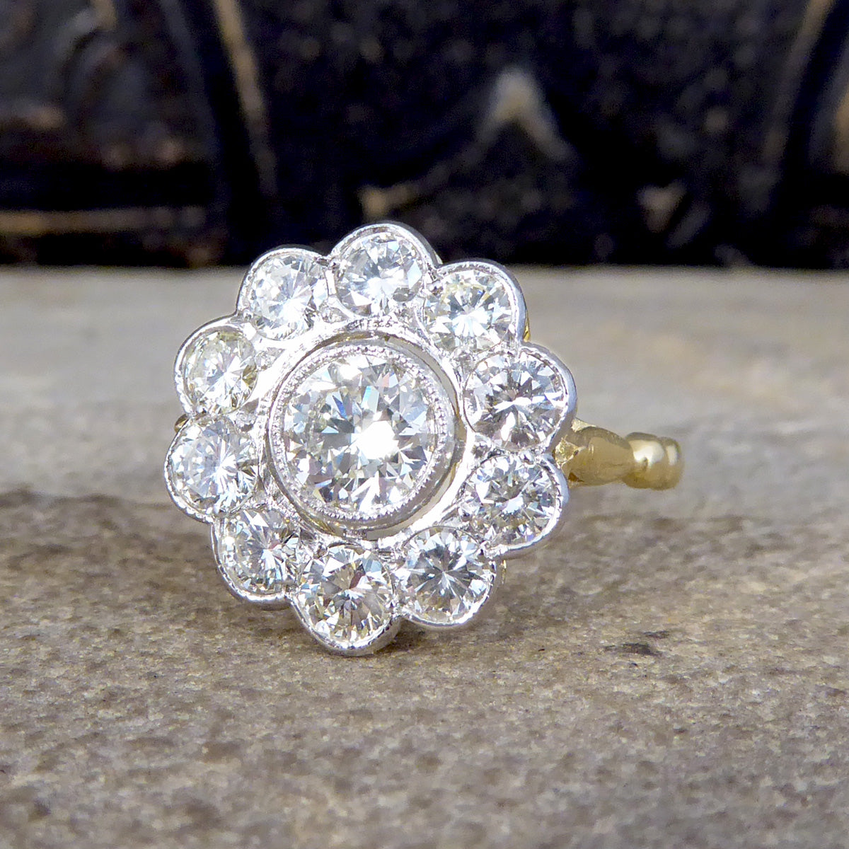 1.85ct Diamond Daisy Halo Cluster Ring set in 18ct Yellow Gold and Platinum - Wharfedale Antiques