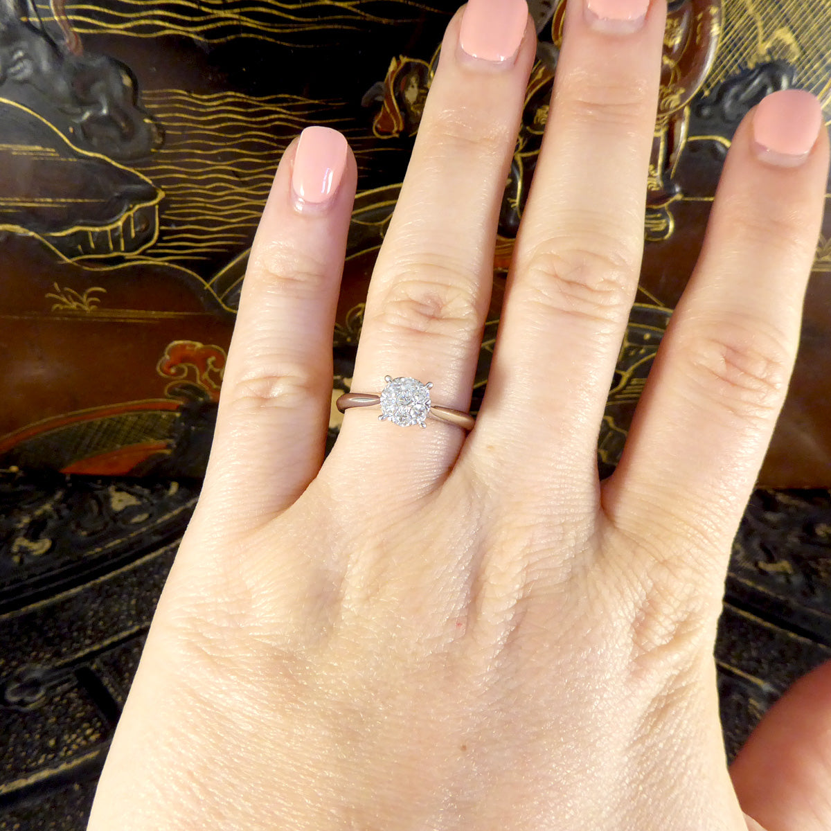 Solitaire Illusion set Diamond Cluster Ring in White Gold - Wharfedale Antiques
