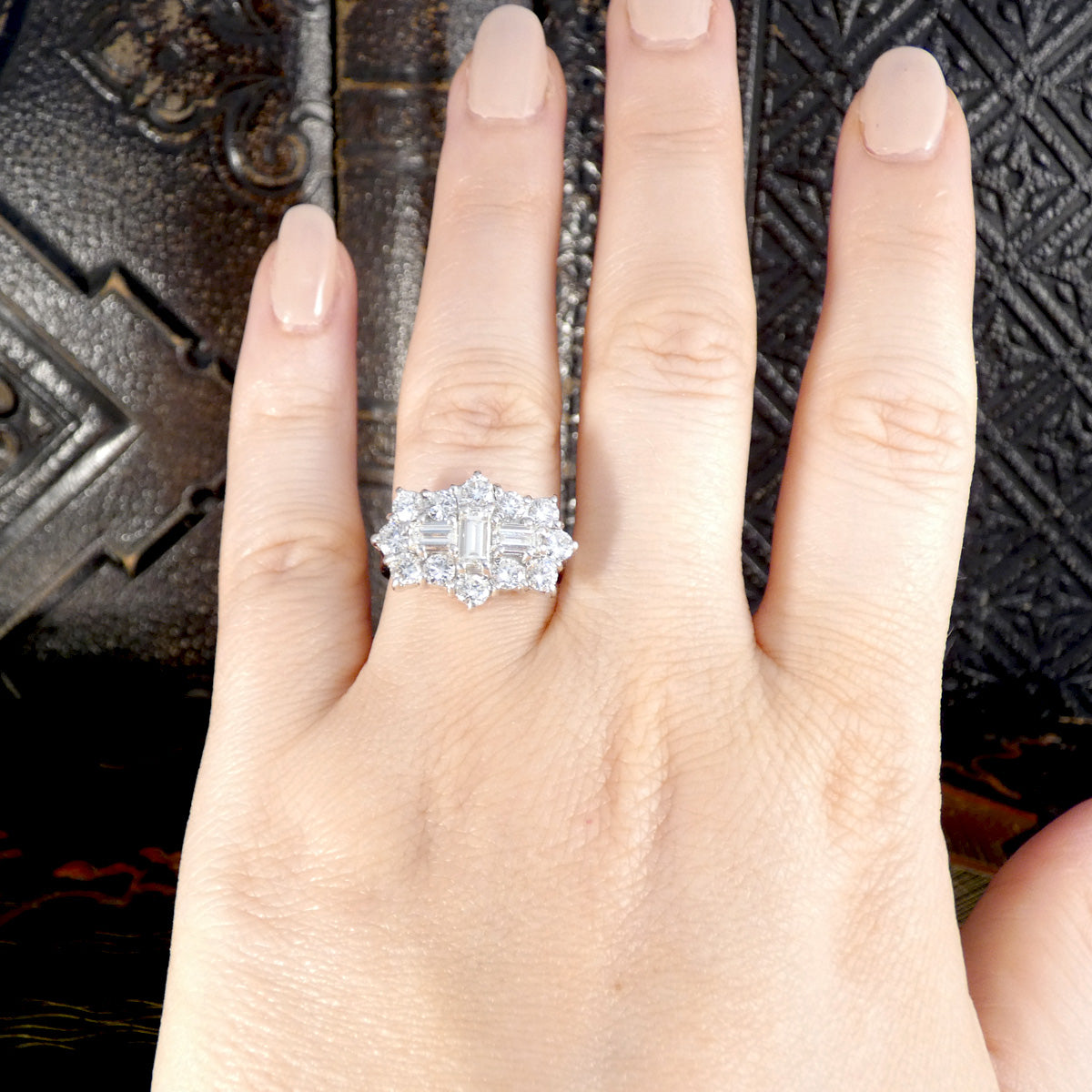 2.70ct Diamond Boat Cluster Ring in 18ct White Gold displayed on the finger to see size and shape reference.