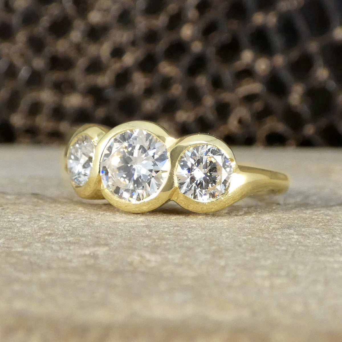 1.75ct Diamond Chunky Bezel Set Three Stone Ring in 18ct Yellow Gold - Wharfedale Antiques