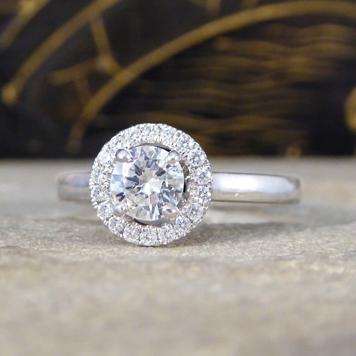 Modern Diamond Halo Cluster Wedfit Engagement Ring in Platinum - Wharfedale Antiques