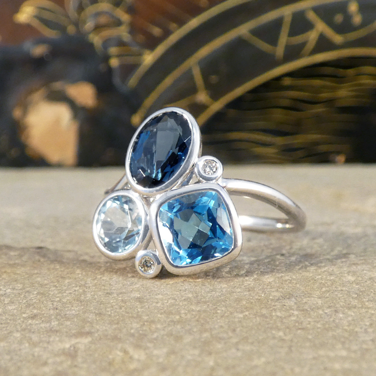 Trio of Blue Topaz and Diamond Cocktail Ring in White Gold - Wharfedale Antiques