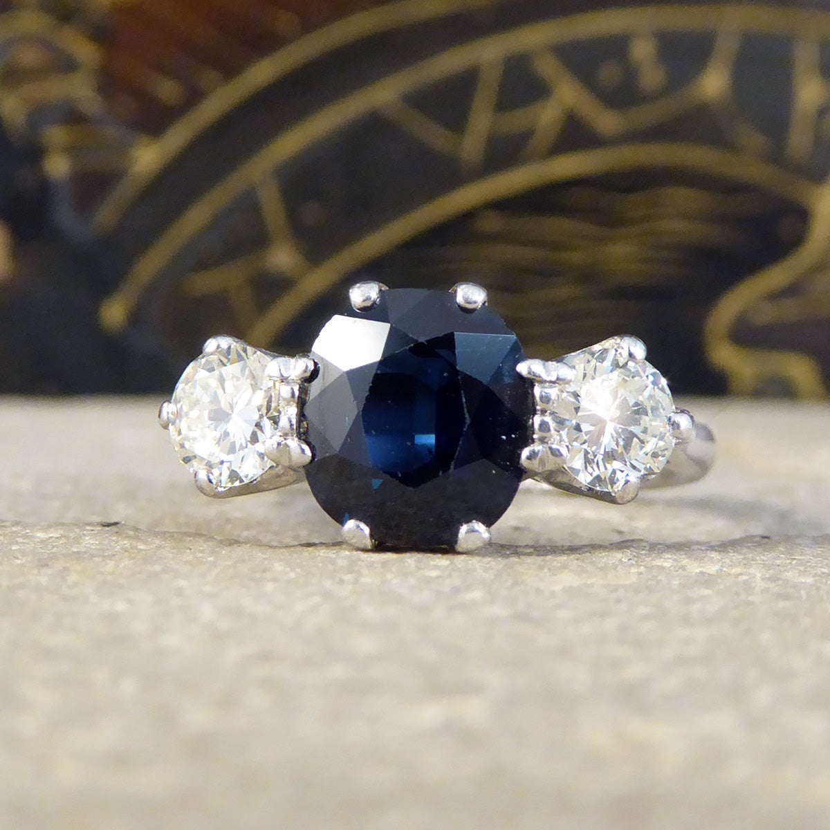 C1920s Deep Sapphire and Diamond Trilogy Ring in 18ct White Gold and Platinum - Wharfedale Antiques