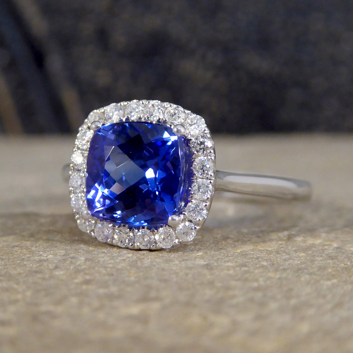 Cushion Cut Tanzanite and Diamond Cluster Ring in White Gold - Wharfedale Antiques
