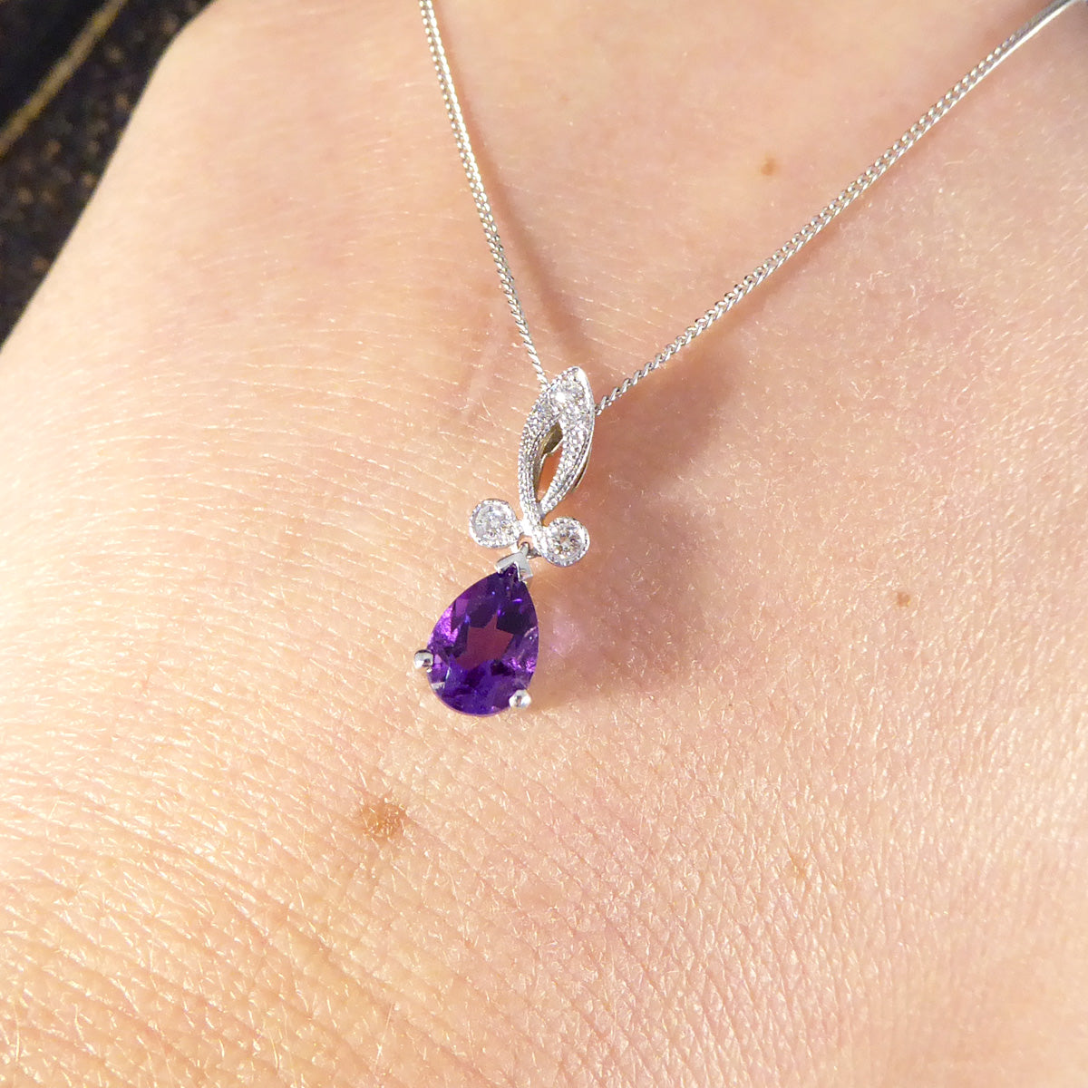 Art Deco Inspired Pear Shaped Amethyst Drop Necklace with Diamonds set in 18ct White Gold - Wharfedale Antiques