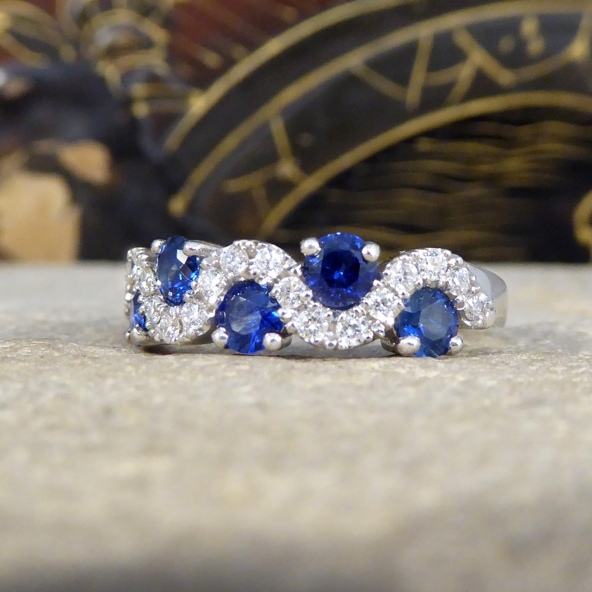 Ceylon Sapphire and Diamond Lazy River Ring in Platinum - Wharfedale Antiques