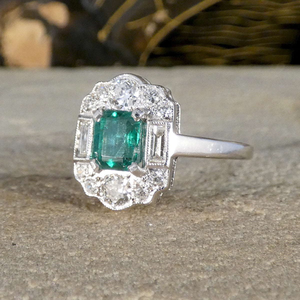 Art Deco Style Emerald and Diamond Cluster ring