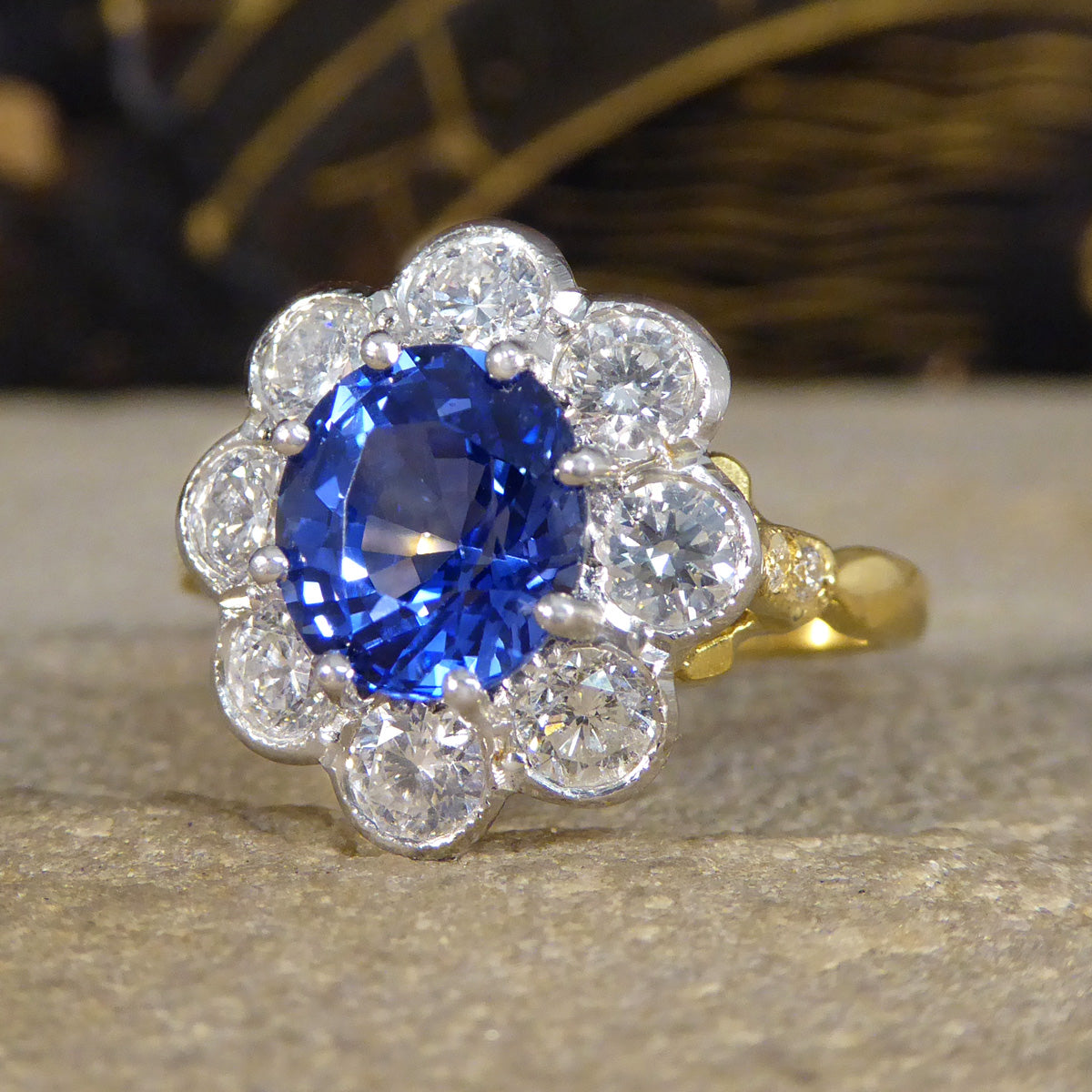 Edwardian Inspired 2.24ct Sapphire and Diamond Cluster Ring in 18ct Gold - Wharfedale Antiques
