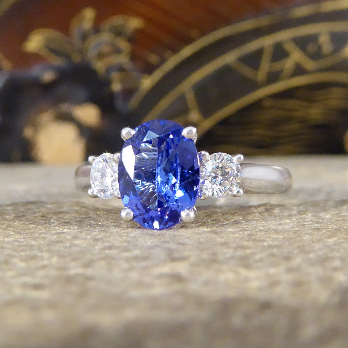 Tanzanite and Diamond Three Stone Ring in 18ct White Gold - Wharfedale Antiques
