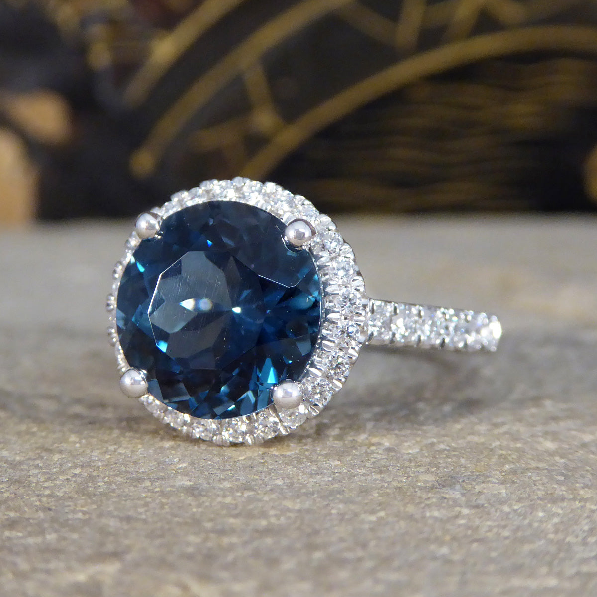 London Blue Topaz and Diamond Halo Cluster Ring in Platinum with Diamond set Shoulders - Wharfedale Antiques